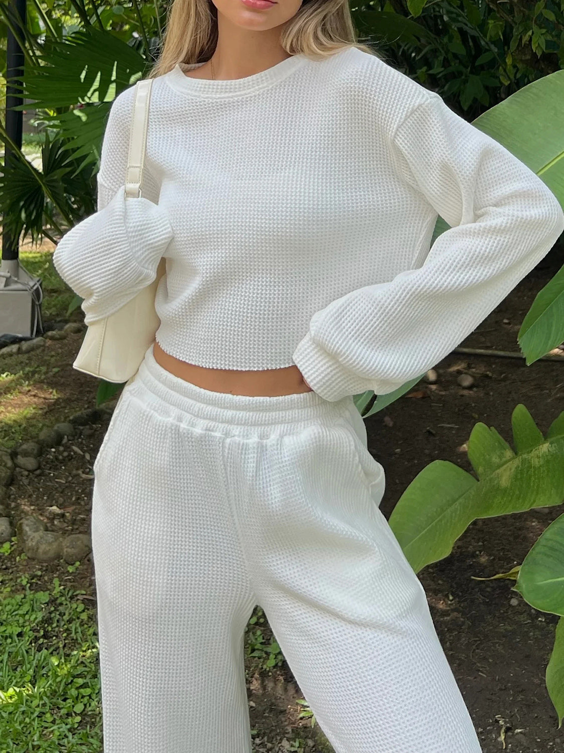 Waffle-Knit Round Neck Top and Pants Set - Whateversit