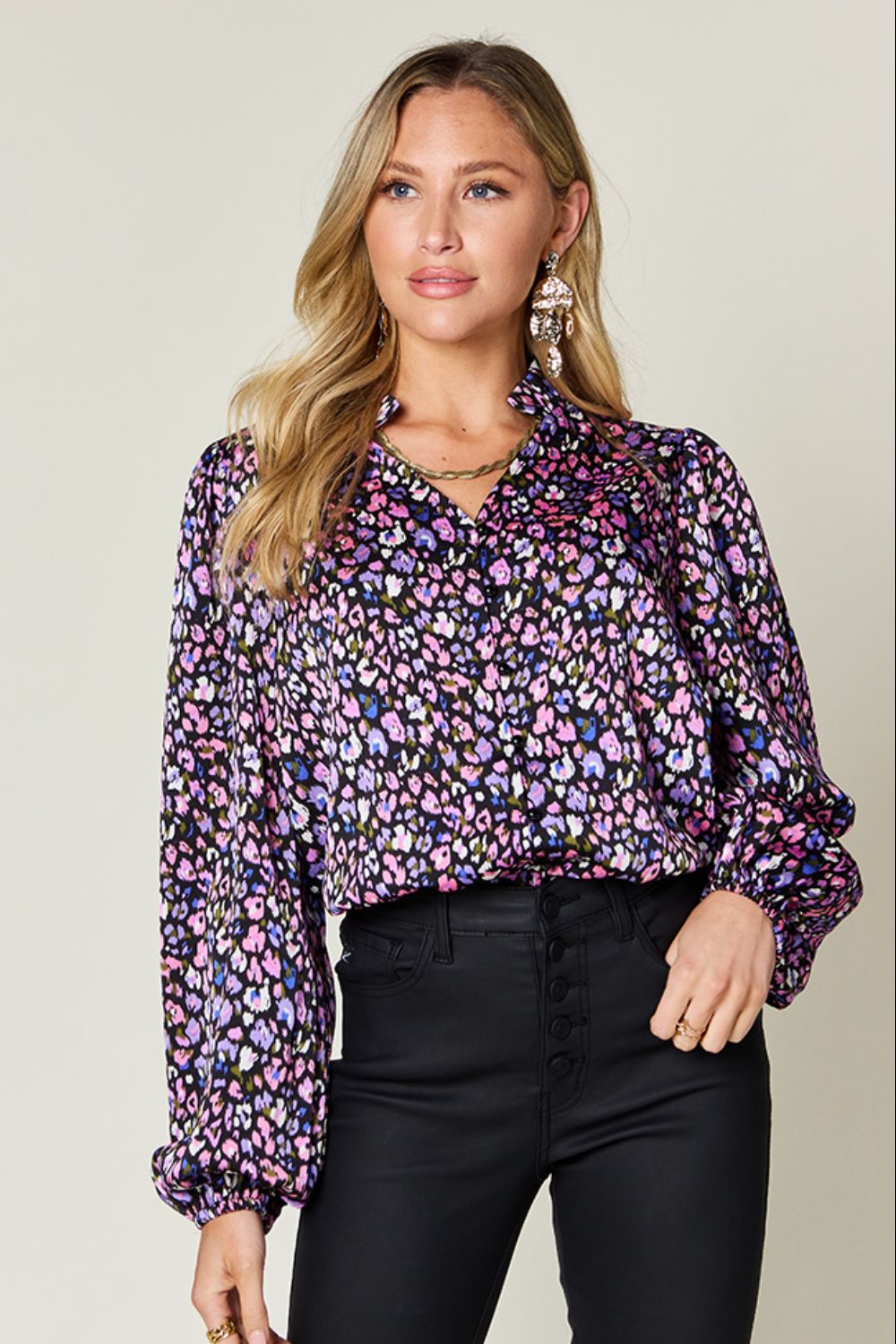 Double Take Full Size Printed Long Sleeve Blouse - Whateversit