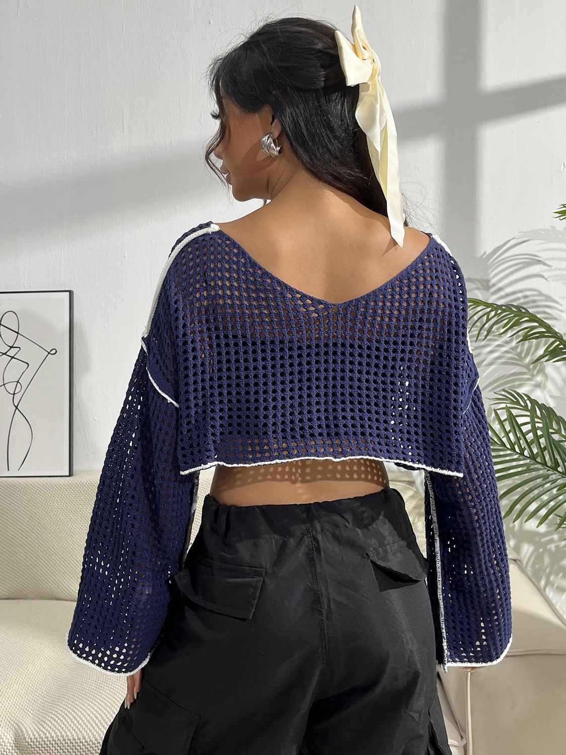 Contrast Patches Long Sleeve Cropped Knit Top - Whateversit