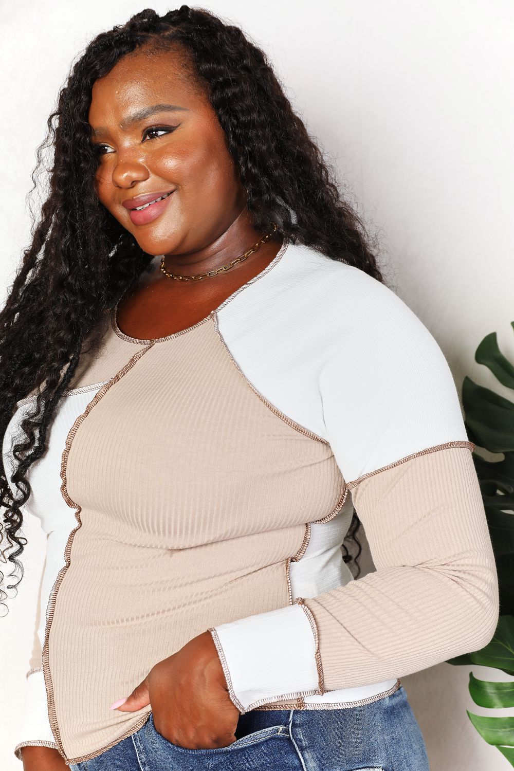 Double Take Color Block Exposed Seam Top - Whateversit