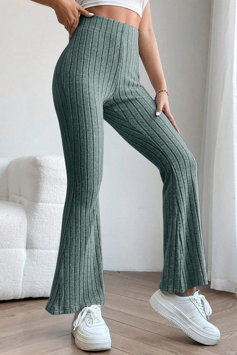 Basic Bae Full Size Ribbed High Waist Flare Pants - Whateversit