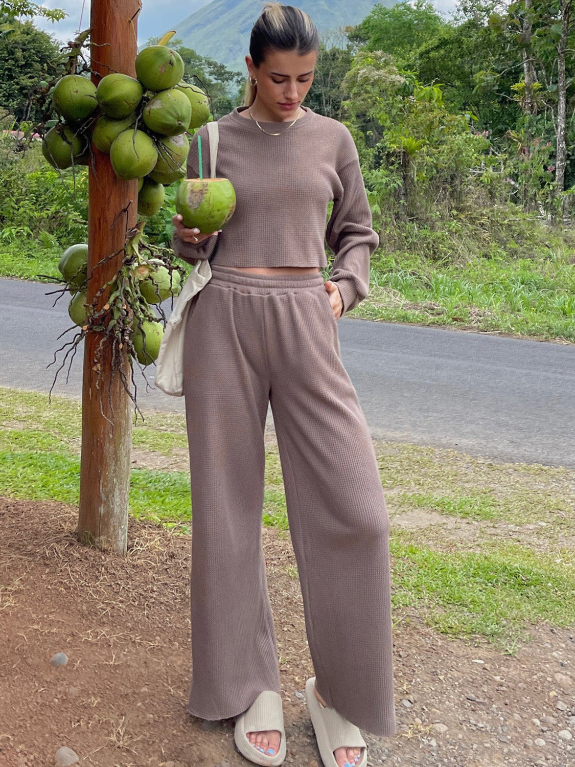Waffle-Knit Round Neck Top and Pants Set - Whateversit