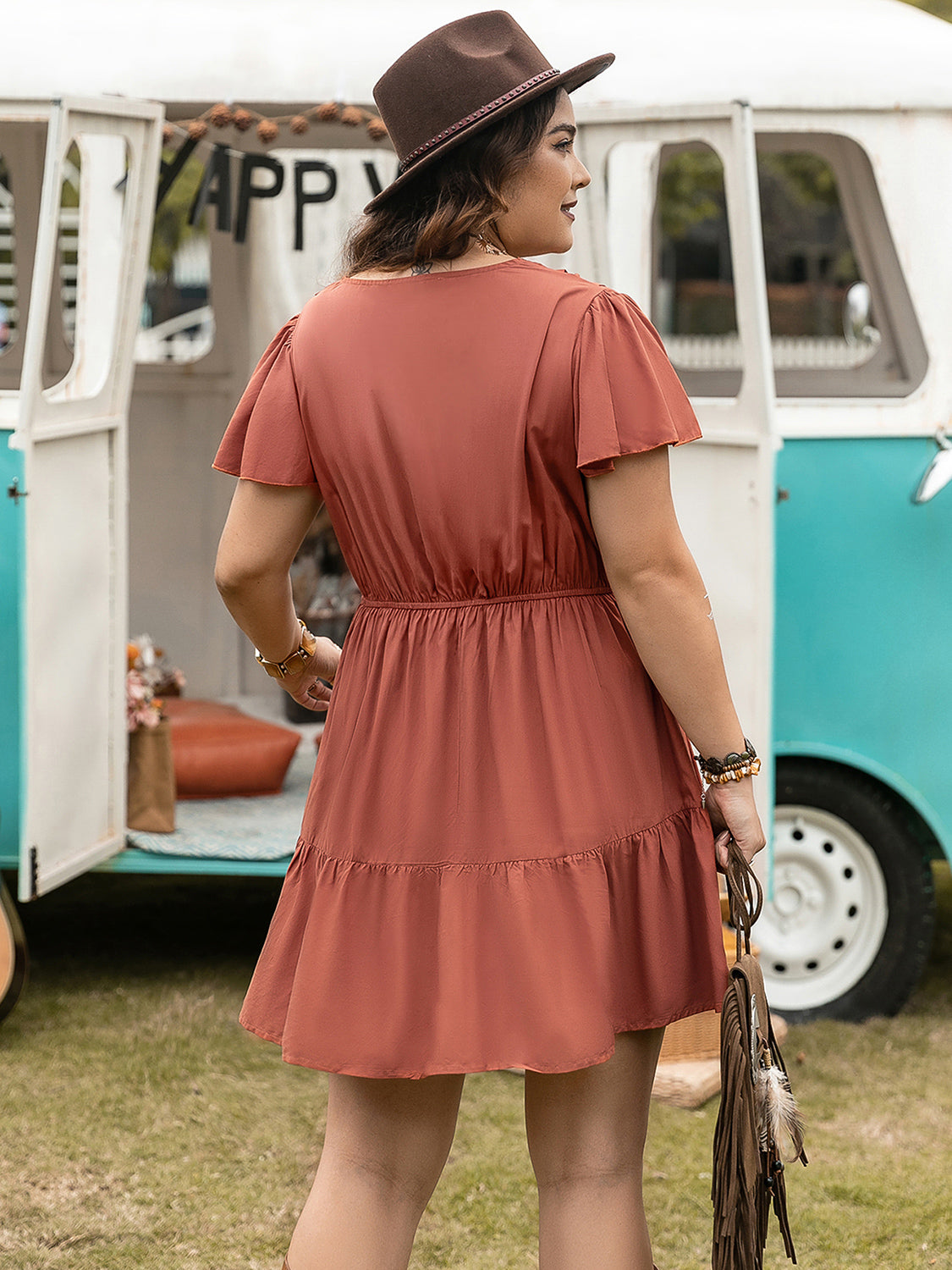Double Take Plus Size Ruffle Hem V-Neck Short Sleeve Dress - Whateversit