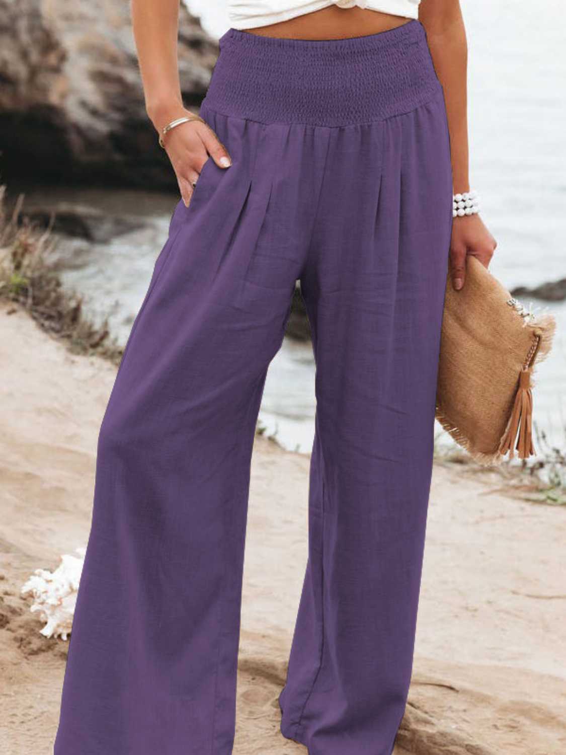 Full Size Smocked Waist Wide Leg Pants - Whateversit