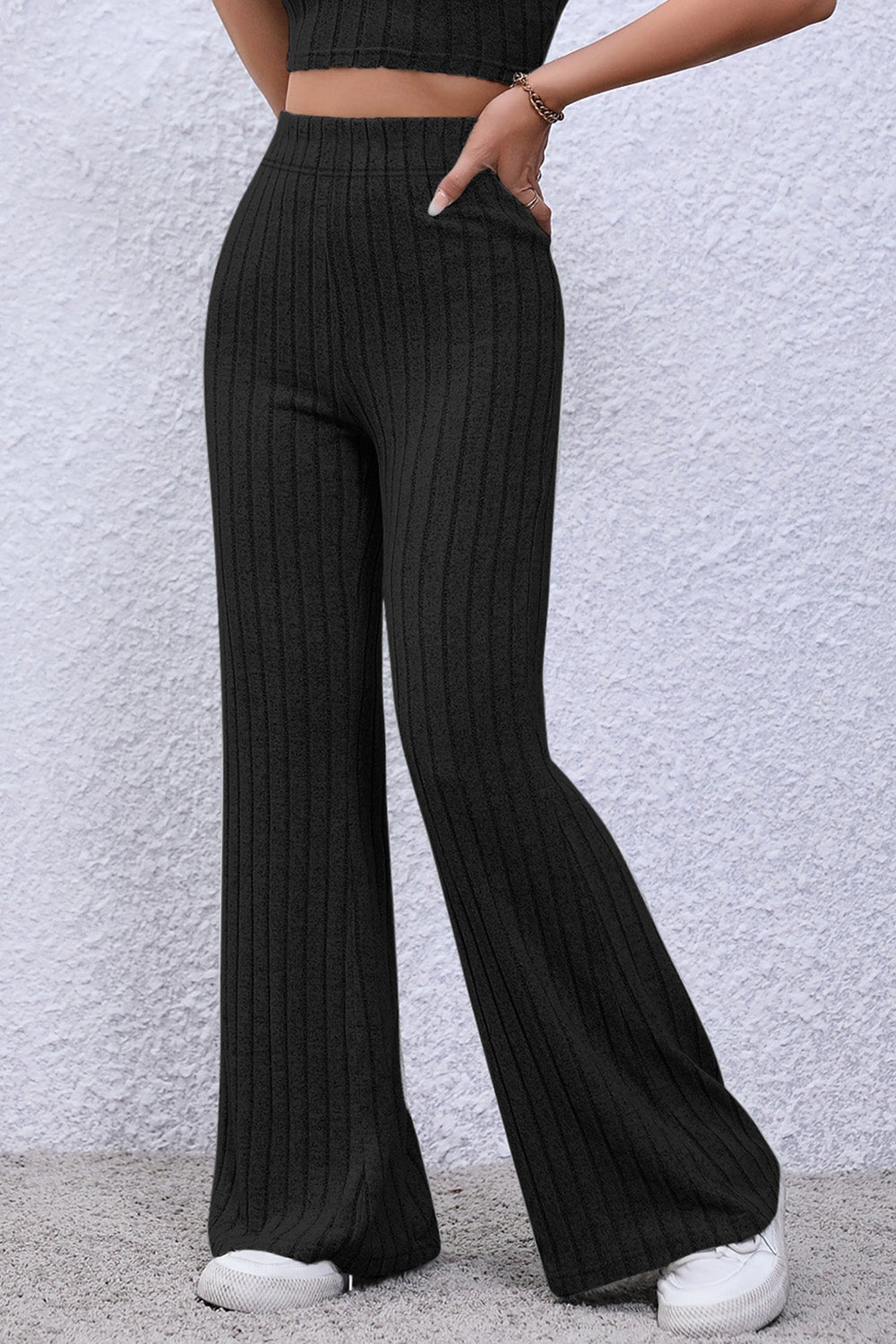 Basic Bae Full Size Ribbed High Waist Flare Pants - Whateversit