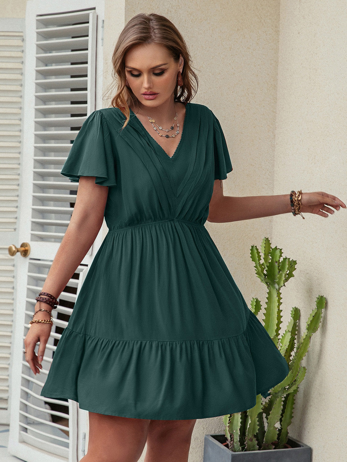 Double Take Plus Size Ruffle Hem V-Neck Short Sleeve Dress - Whateversit