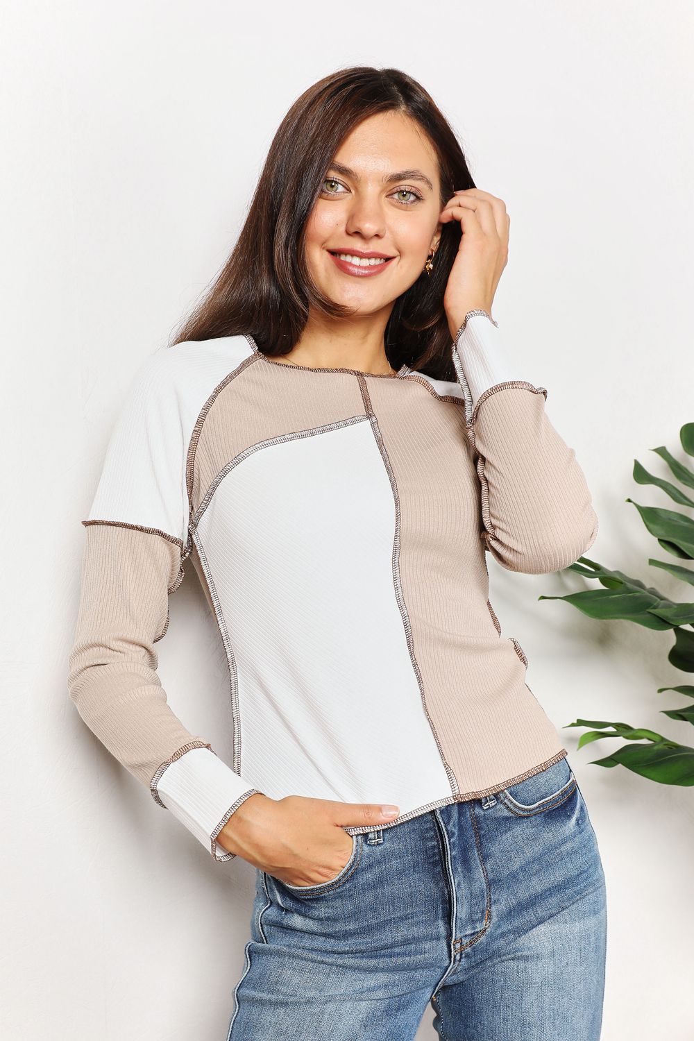 Double Take Color Block Exposed Seam Top - Whateversit