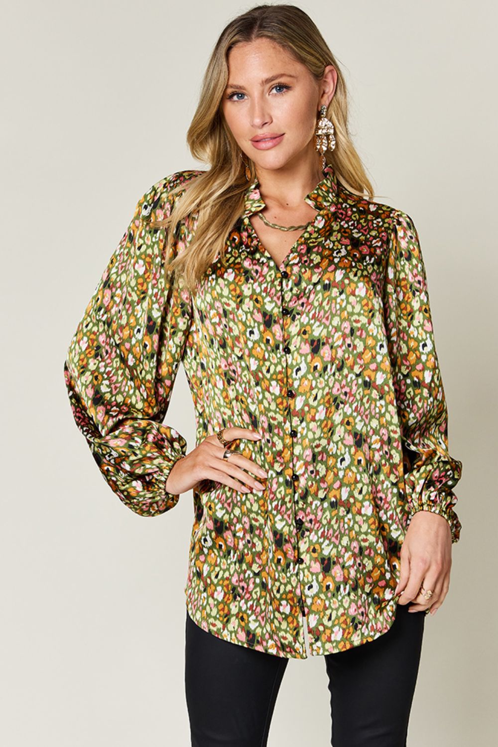 Double Take Full Size Printed Long Sleeve Blouse - Whateversit