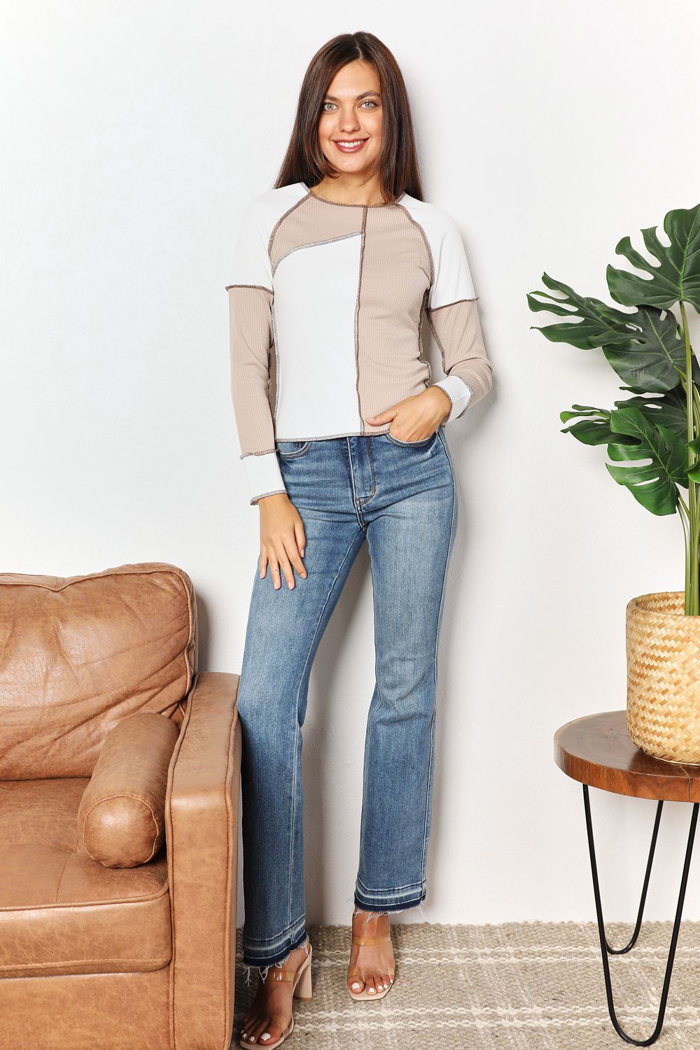 Double Take Color Block Exposed Seam Top - Whateversit