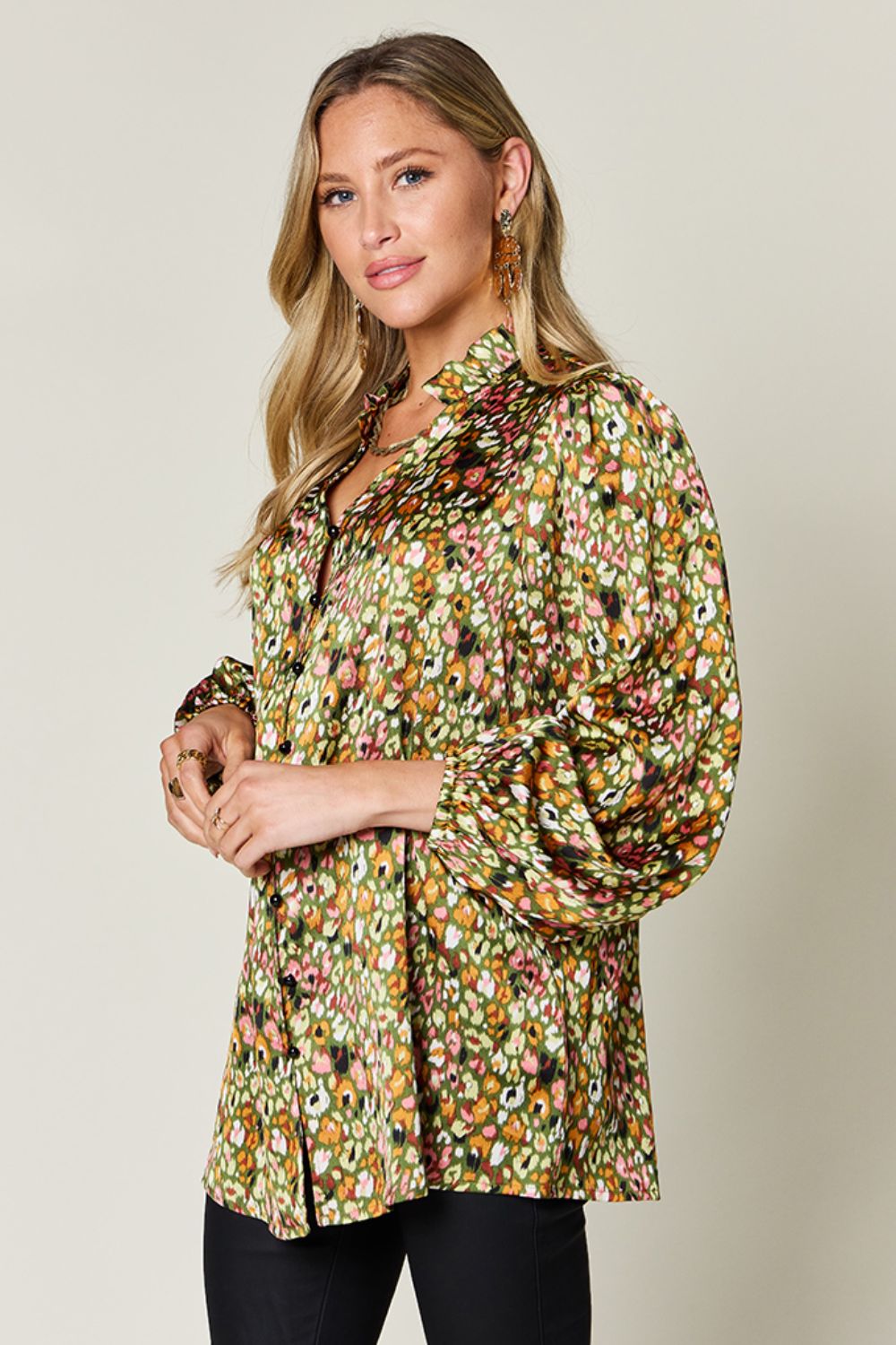 Double Take Full Size Printed Long Sleeve Blouse - Whateversit