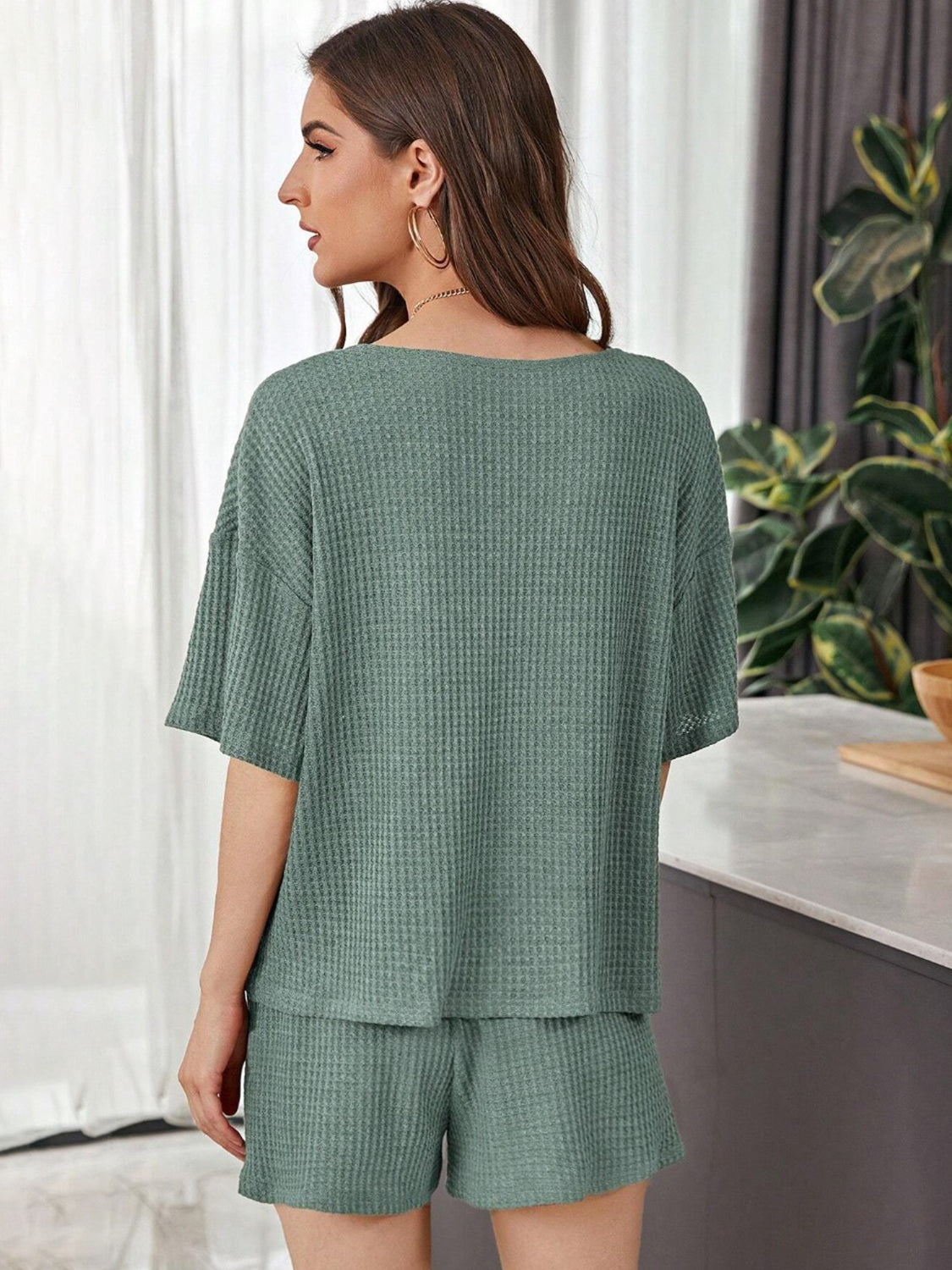 Full Size Waffle-Knit Dropped Shoulder Top and Shorts Set - Whateversit