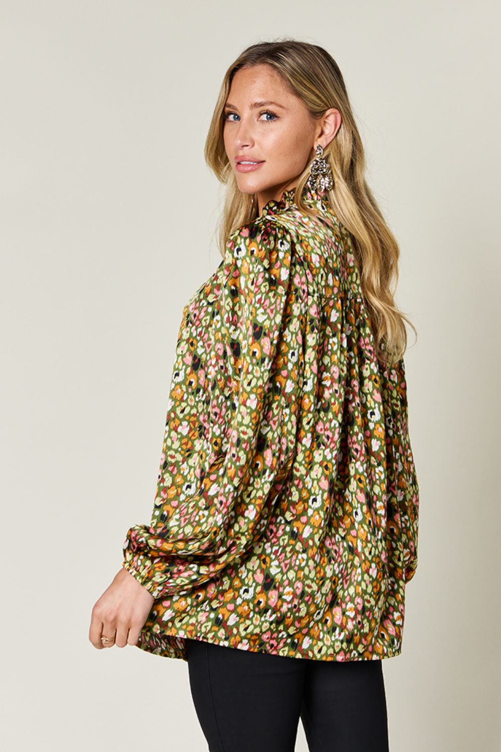 Double Take Full Size Printed Long Sleeve Blouse - Whateversit