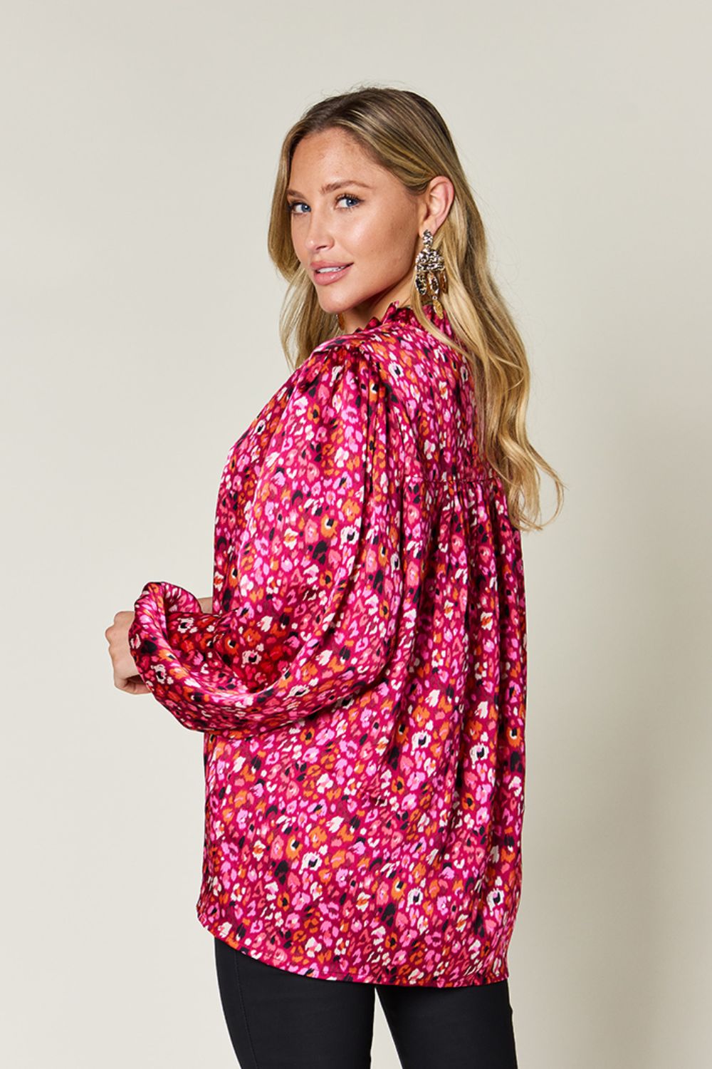 Double Take Full Size Printed Long Sleeve Blouse - Whateversit