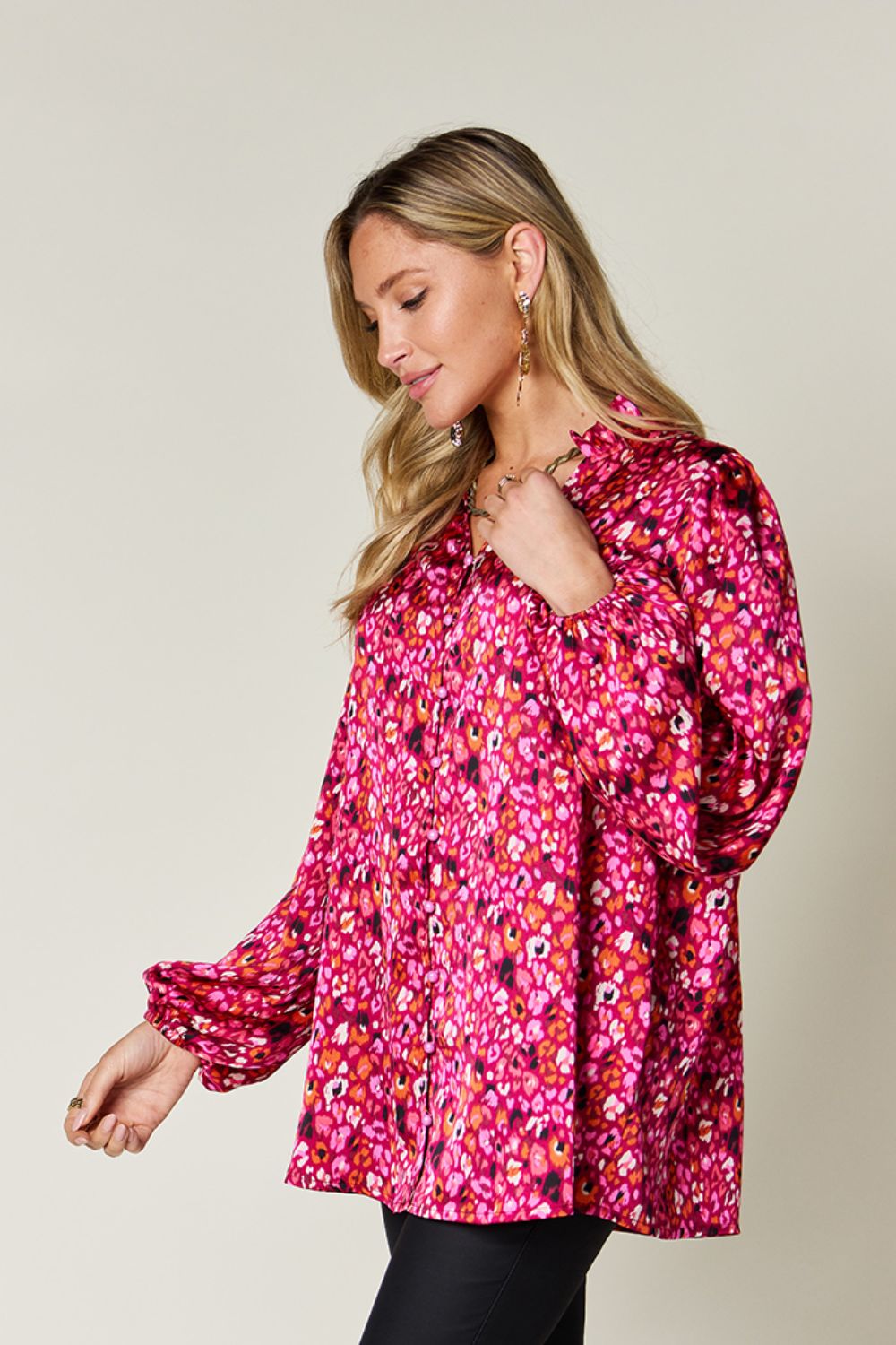 Double Take Full Size Printed Long Sleeve Blouse - Whateversit