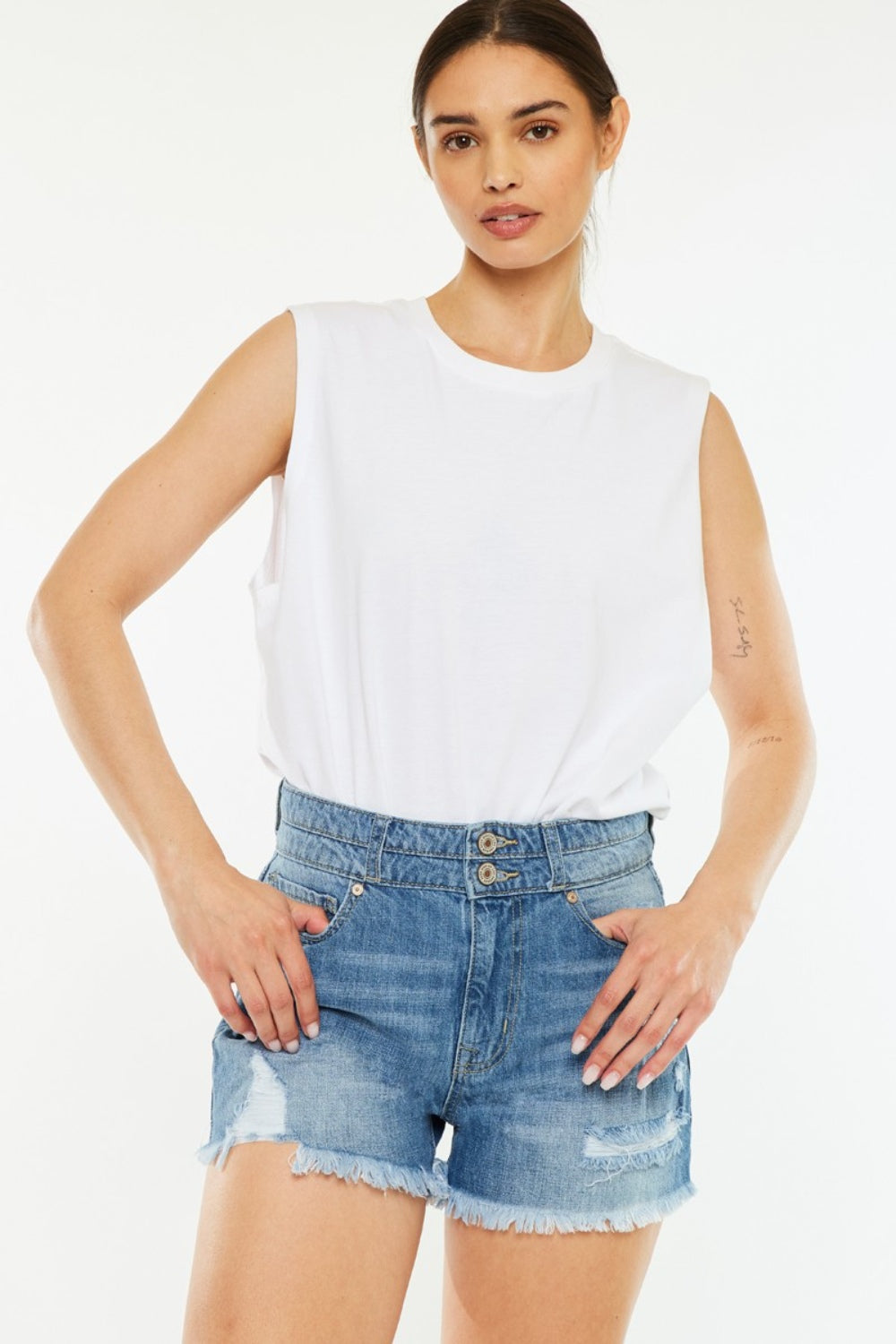 Kancan Full Size High Rise Raw Hem Denim Shorts - Whateversit