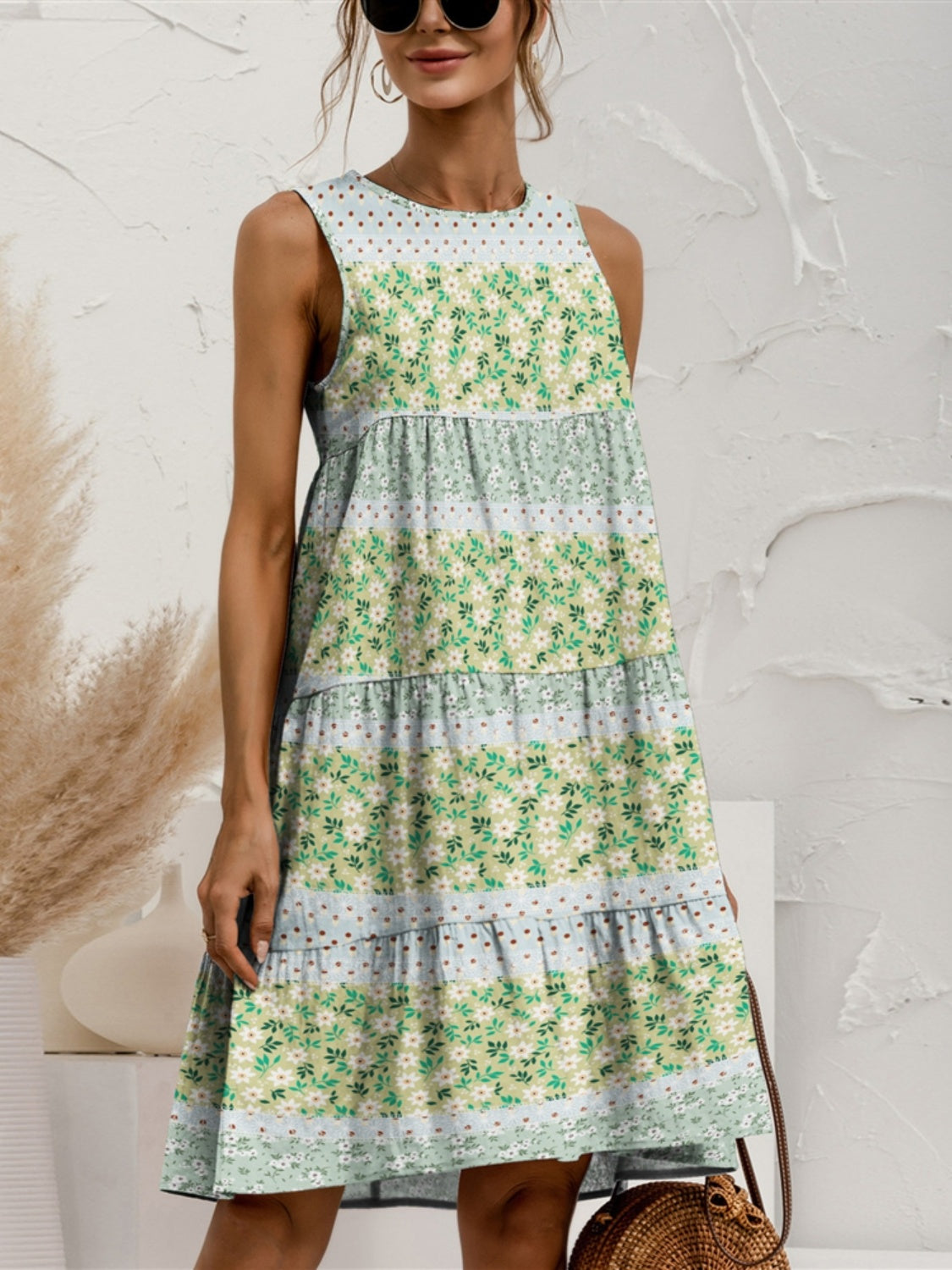 Tiered Printed Round Neck Sleeveless Dress - Whateversit