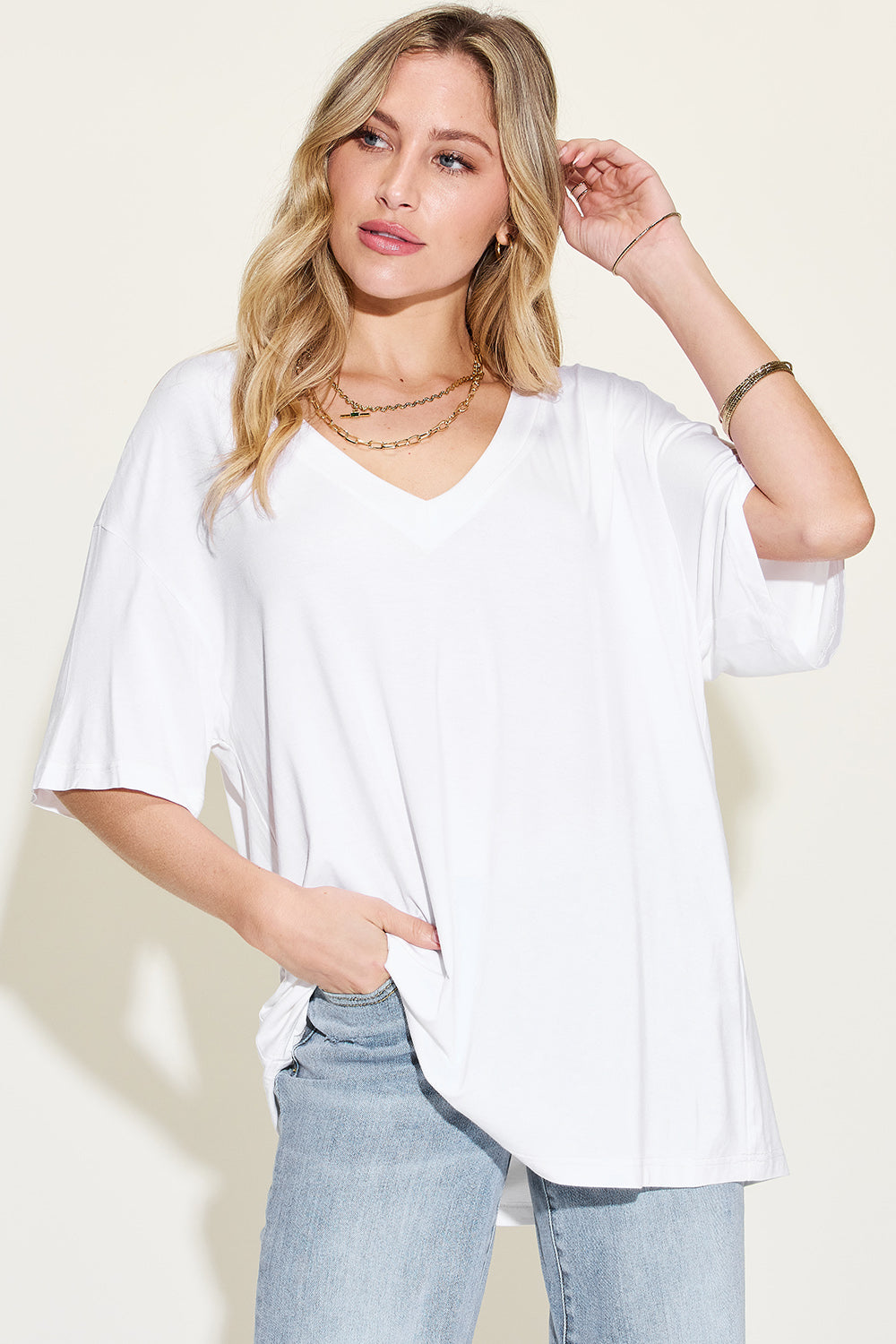 Basic Bae Full Size Bamboo V-Neck Drop Shoulder T-Shirt - Whateversit