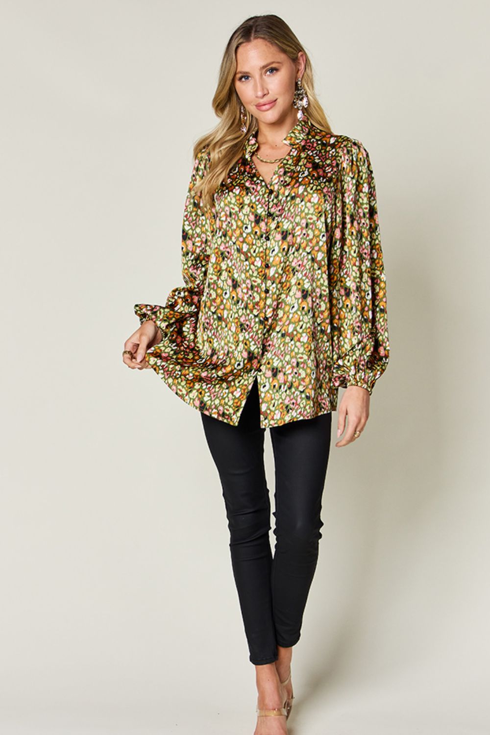 Double Take Full Size Printed Long Sleeve Blouse - Whateversit