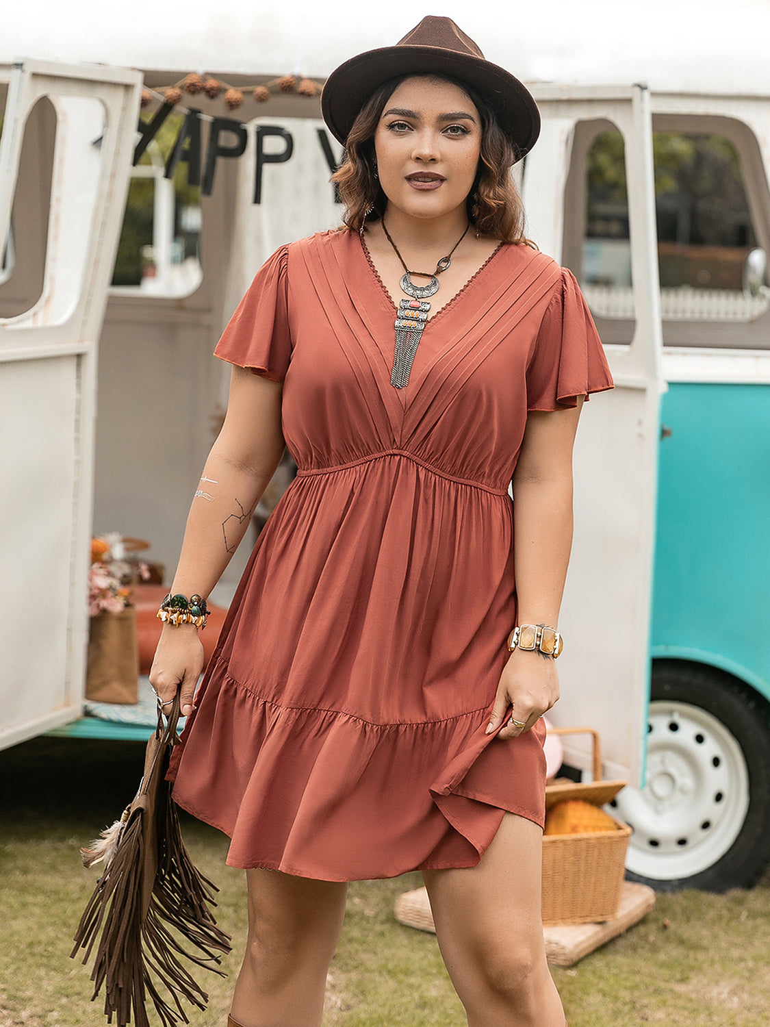 Double Take Plus Size Ruffle Hem V-Neck Short Sleeve Dress - Whateversit