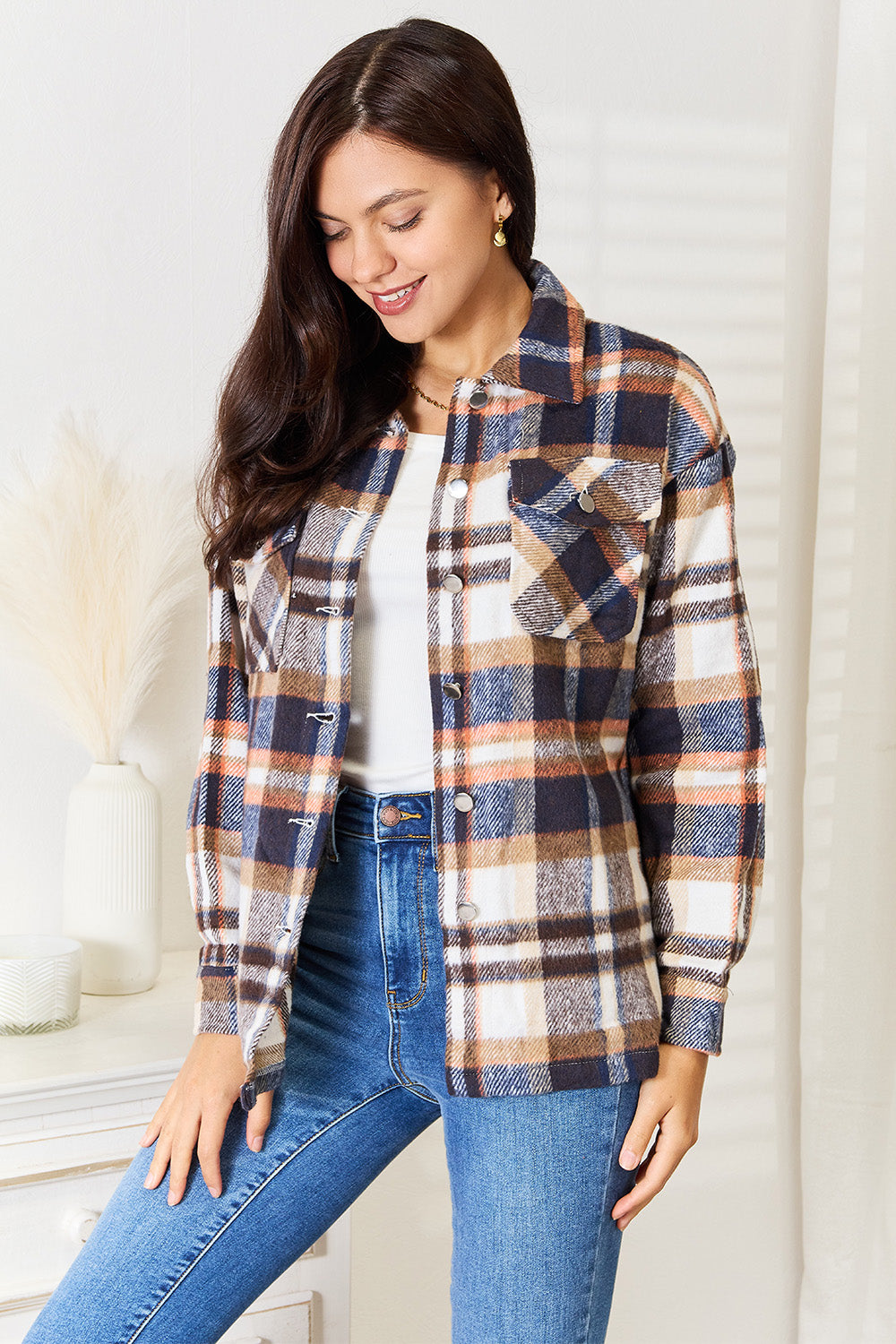 Double Take Plaid Button Front Shirt Jacket with Breast Pockets - Whateversit