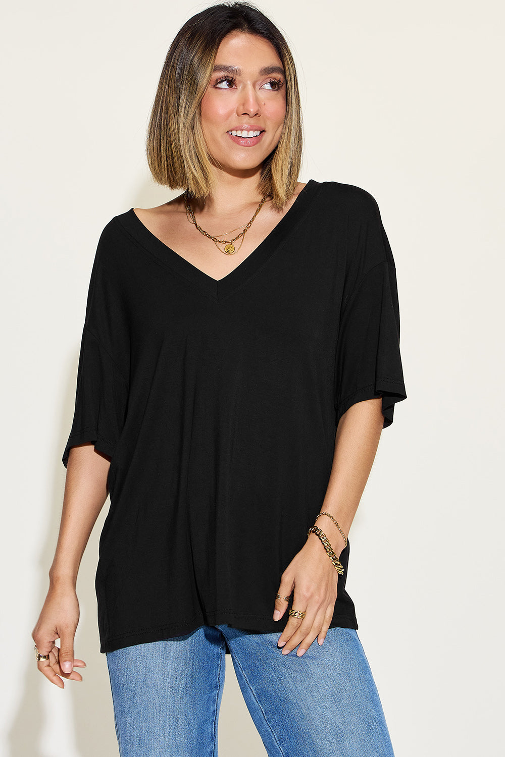 Basic Bae Full Size Bamboo V-Neck Drop Shoulder T-Shirt - Whateversit