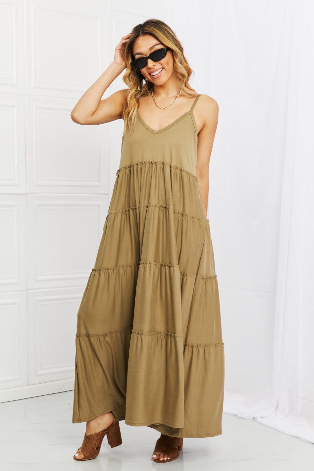 Zenana Full Size Spaghetti Strap Tiered Dress with Pockets in Khaki - Whateversit