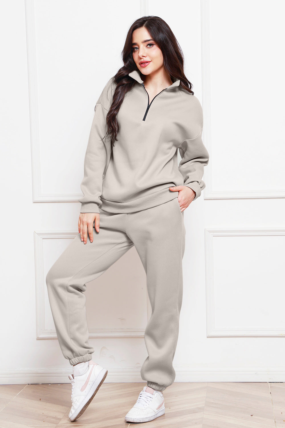 Half Zip Long Sleeve Sweatshirt and Pants Set - Whateversit