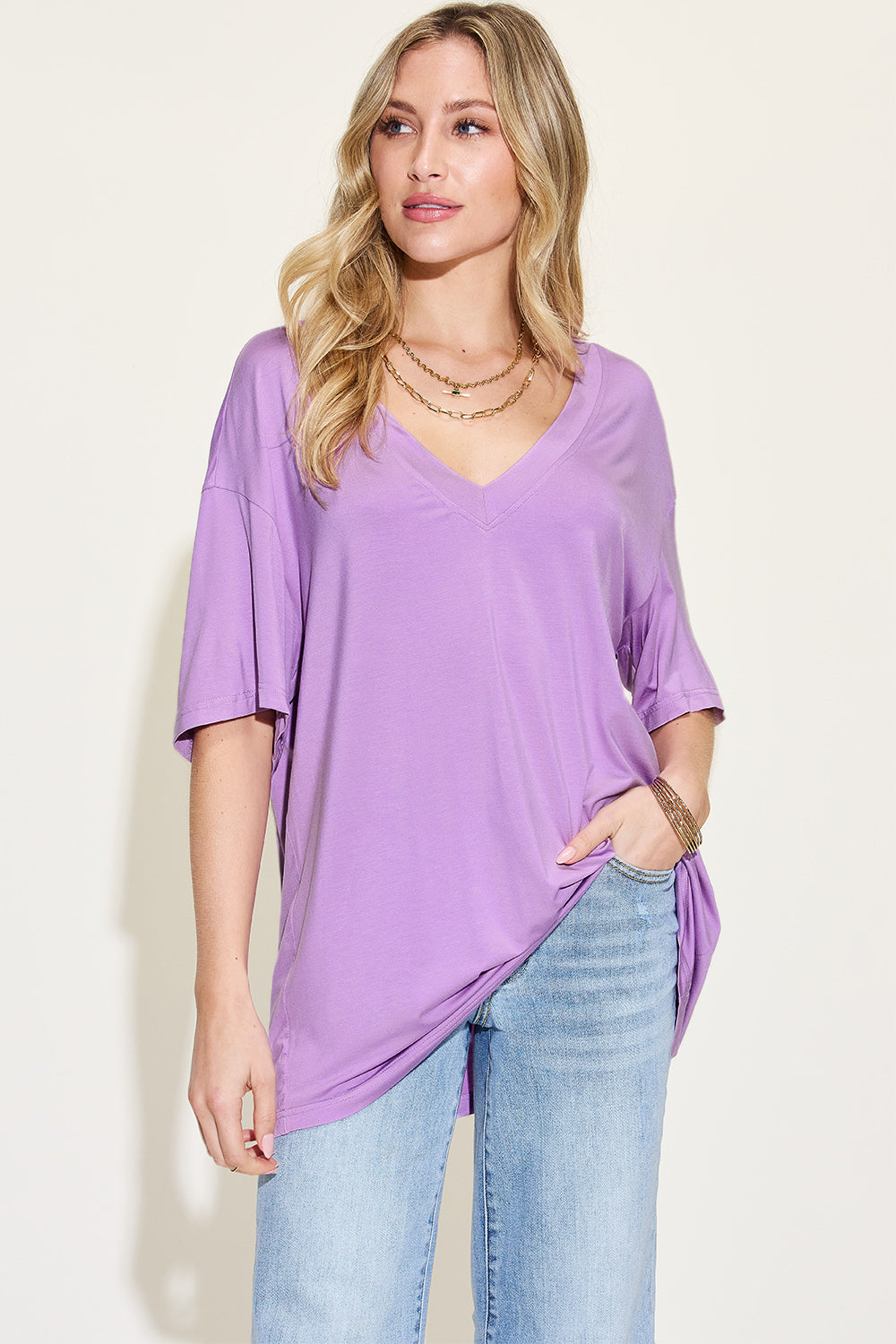 Basic Bae Full Size Bamboo V-Neck Drop Shoulder T-Shirt - Whateversit