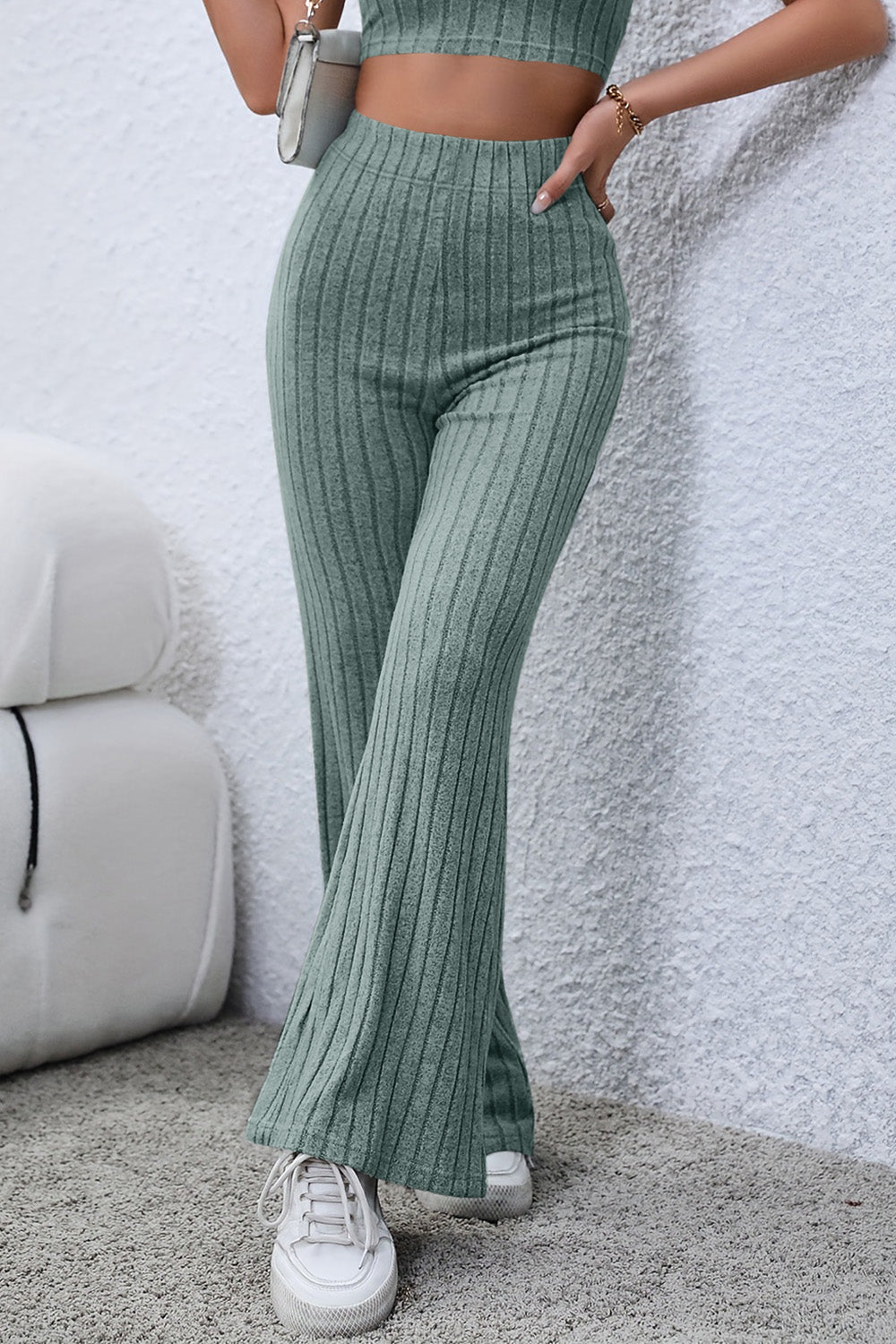 Basic Bae Full Size Ribbed High Waist Flare Pants - Whateversit