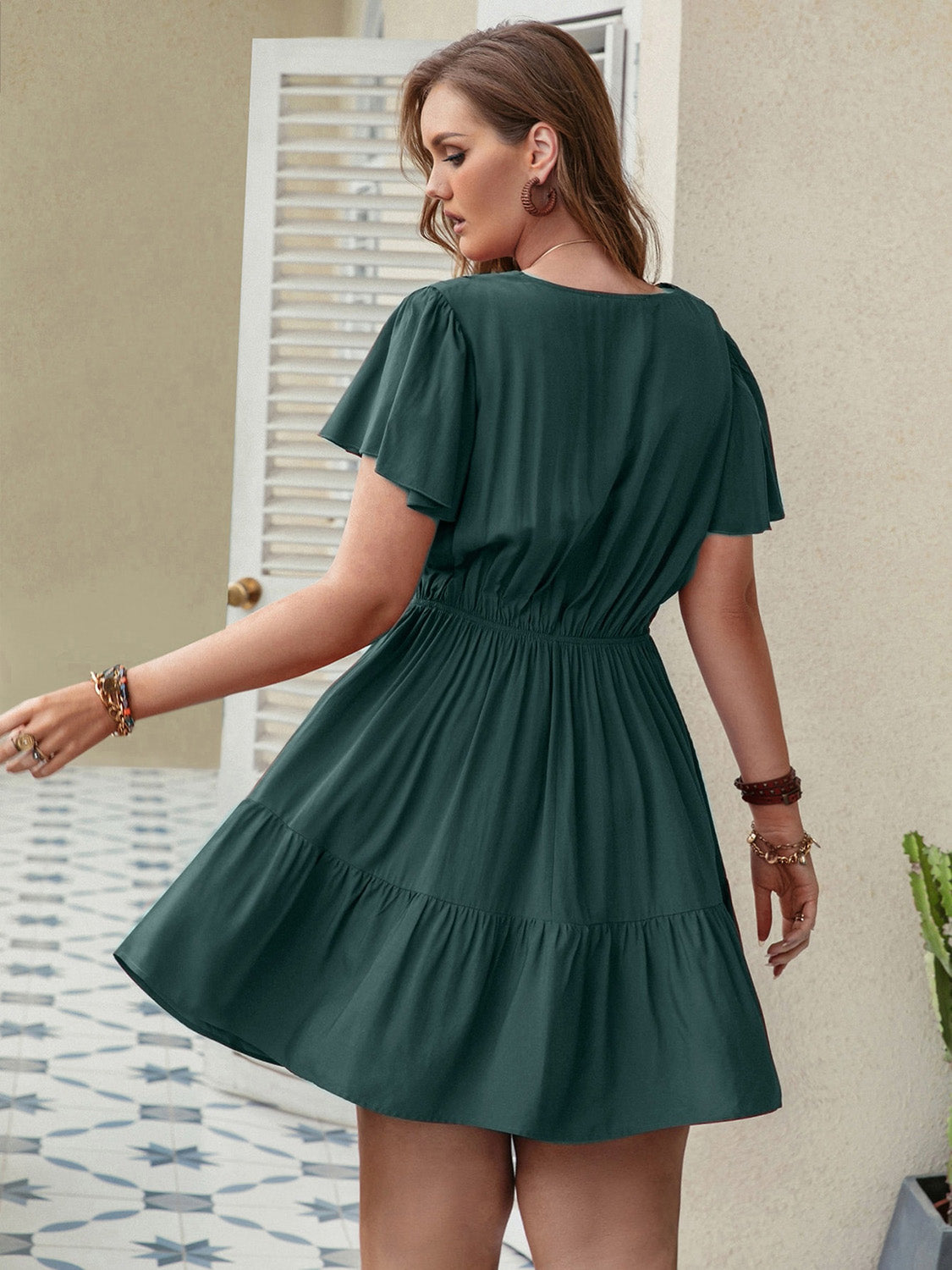 Double Take Plus Size Ruffle Hem V-Neck Short Sleeve Dress - Whateversit