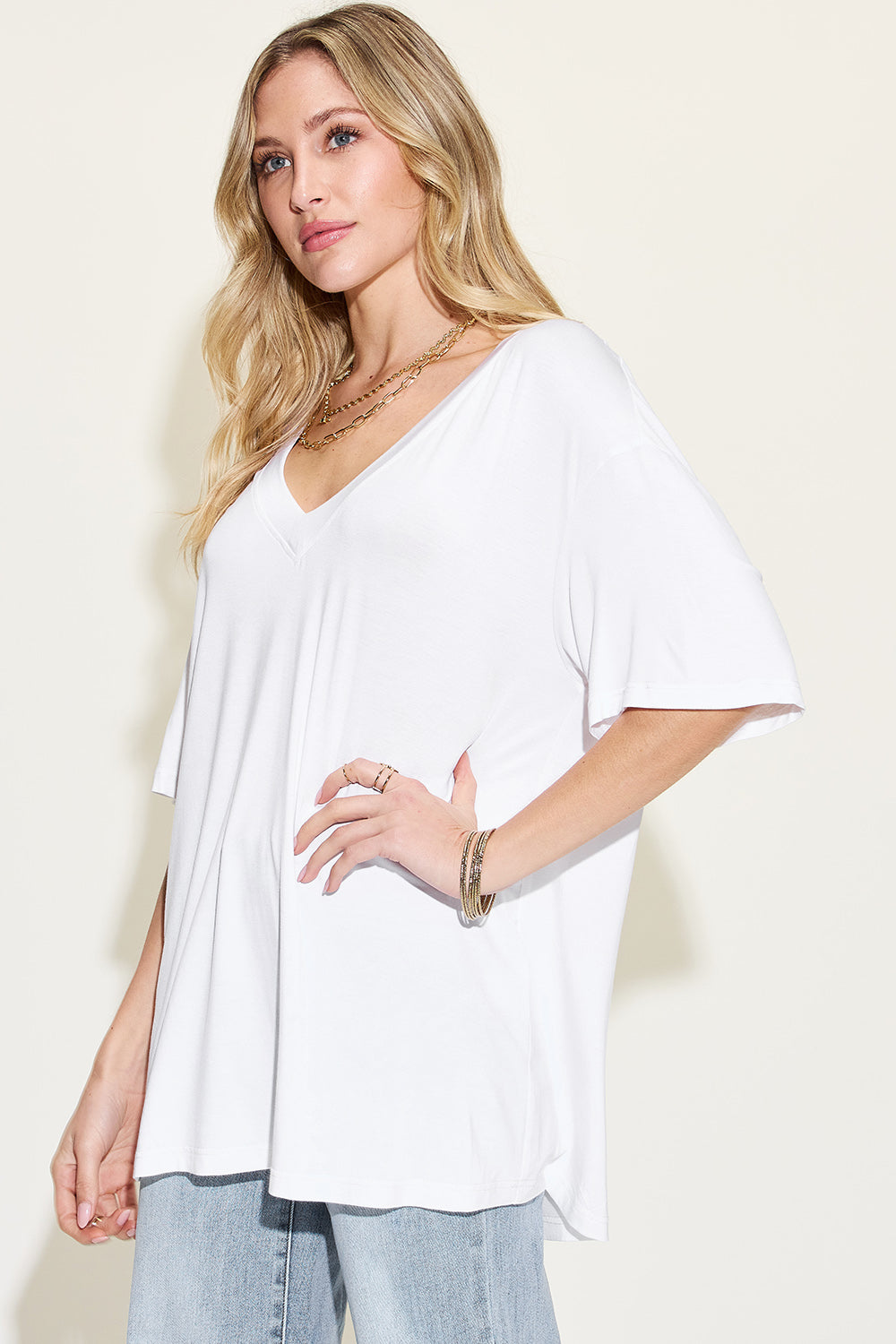 Basic Bae Full Size Bamboo V-Neck Drop Shoulder T-Shirt - Whateversit