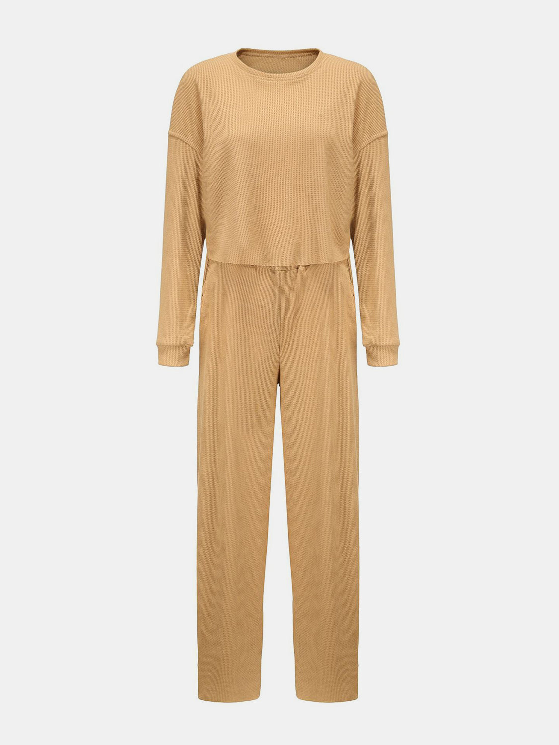 Waffle-Knit Round Neck Top and Pants Set - Whateversit