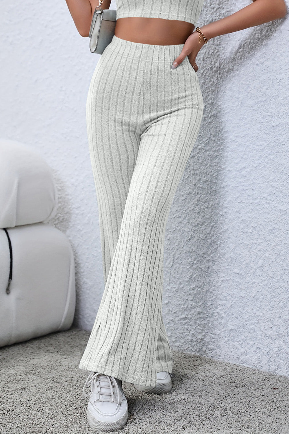 Basic Bae Full Size Ribbed High Waist Flare Pants - Whateversit