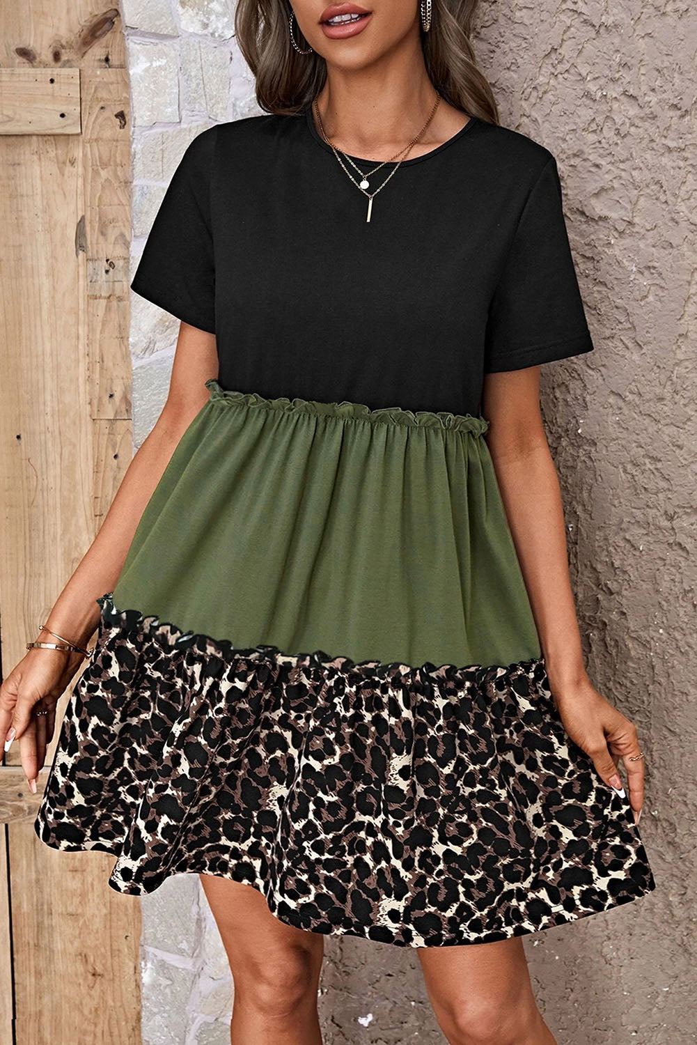 Leopard Round Neck Short Sleeve Dress - Whateversit