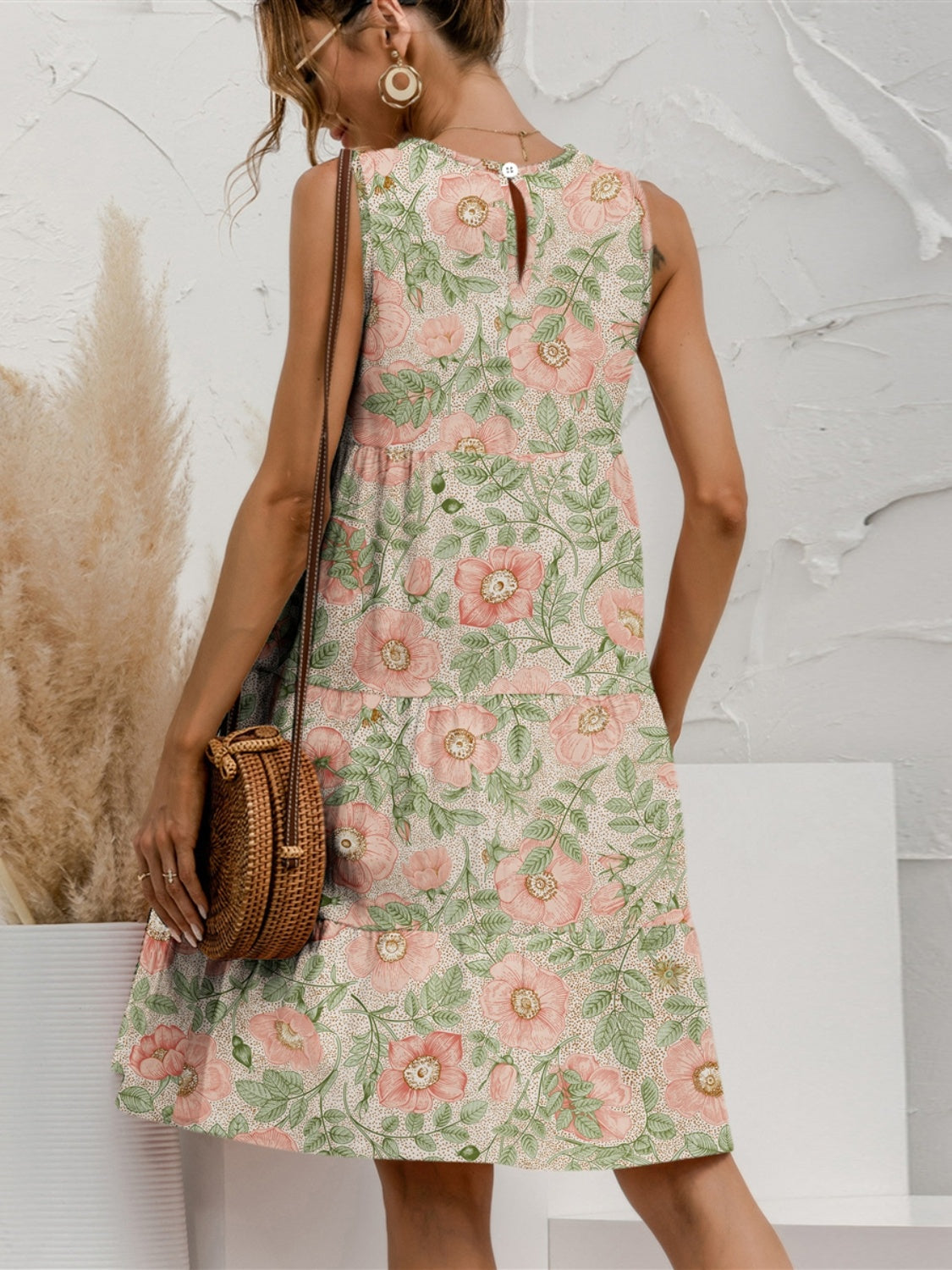 Tiered Printed Round Neck Sleeveless Dress - Whateversit
