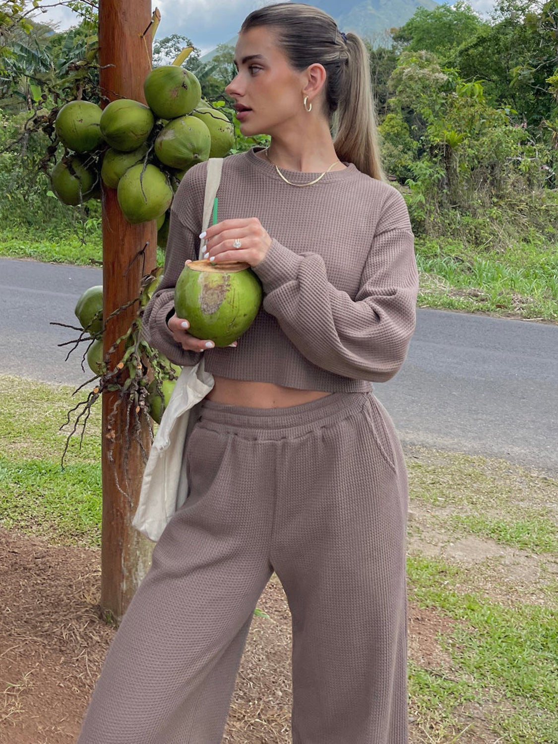 Waffle-Knit Round Neck Top and Pants Set - Whateversit