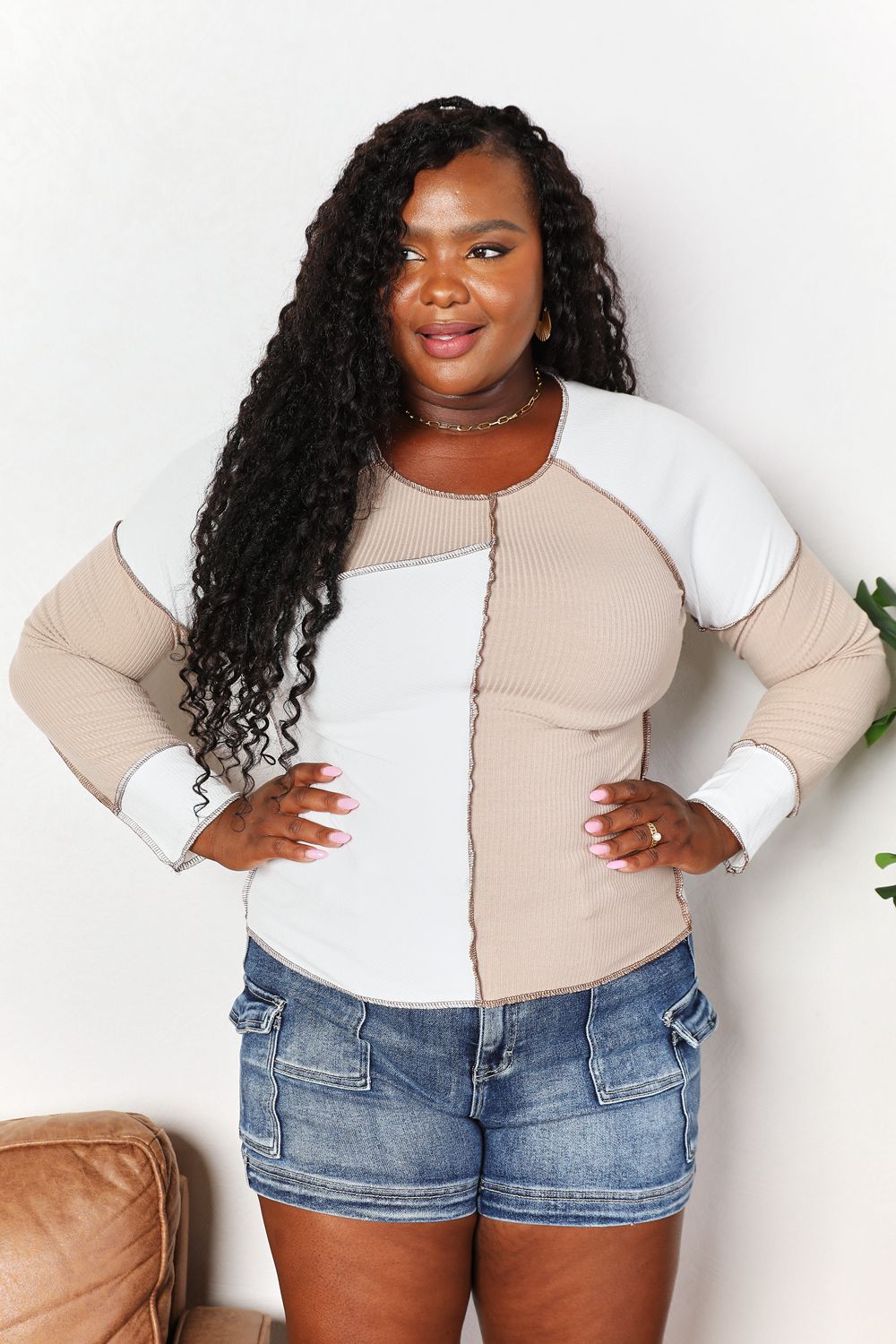 Double Take Color Block Exposed Seam Top - Whateversit