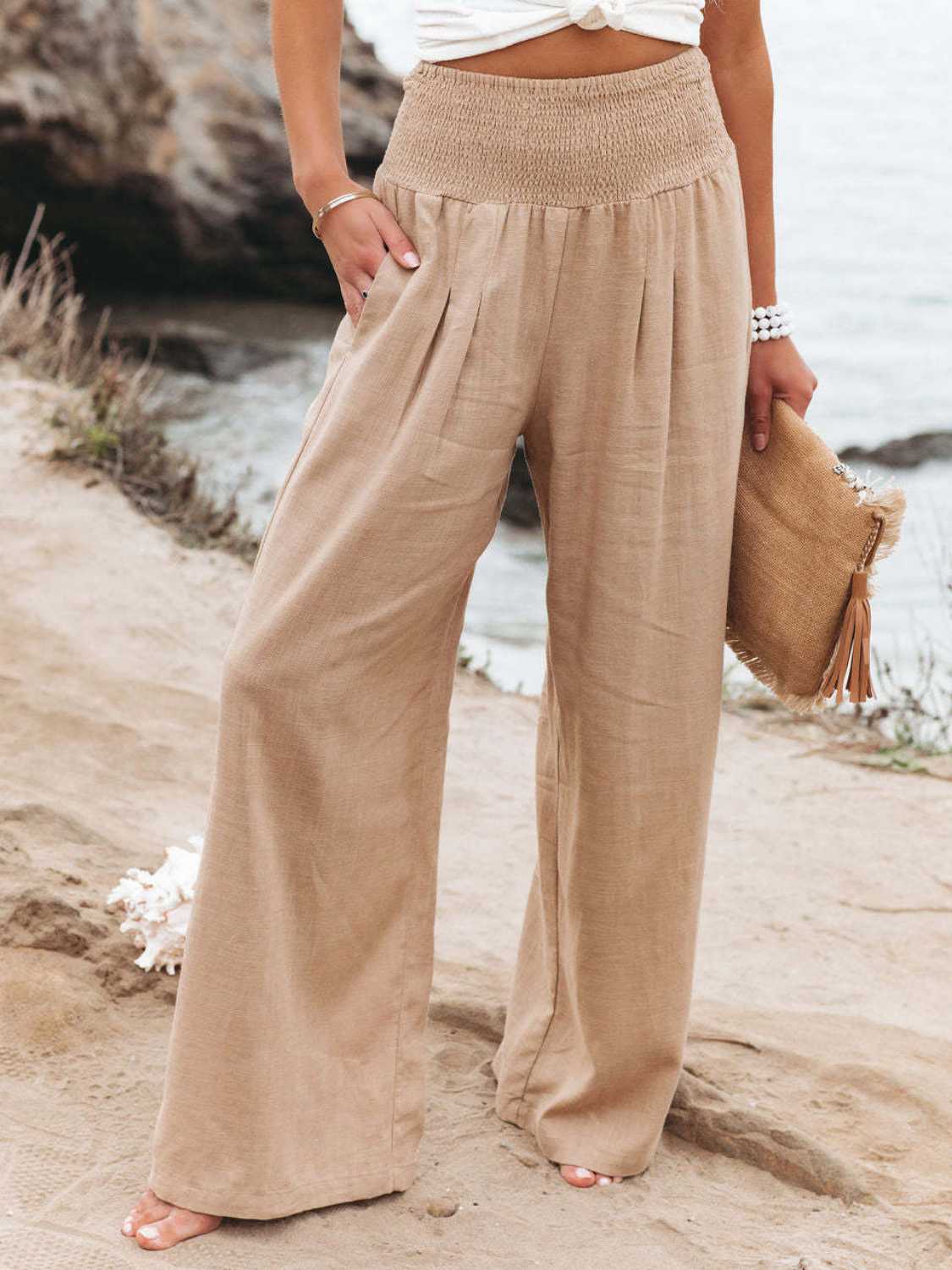 Full Size Smocked Waist Wide Leg Pants - Whateversit