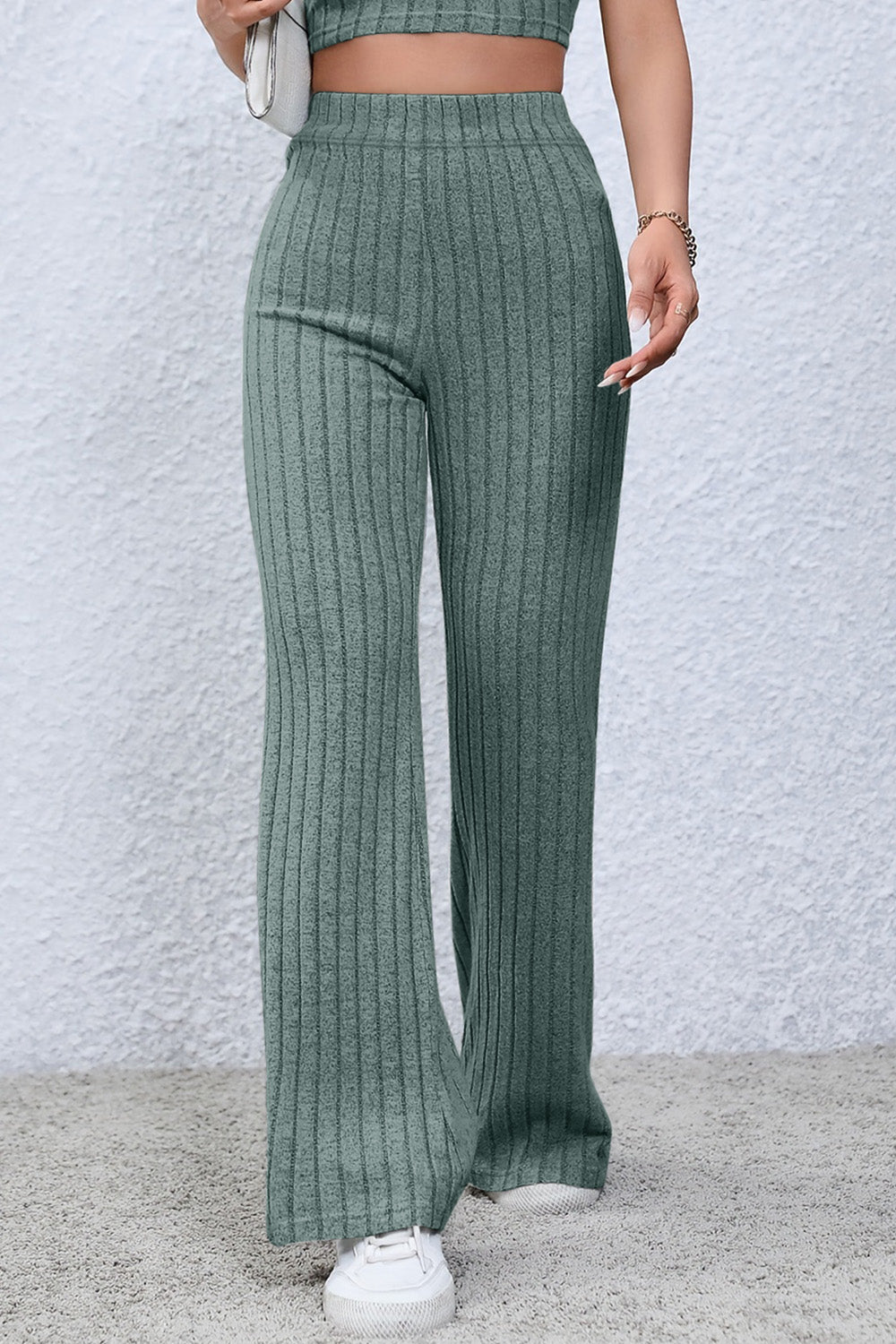 Basic Bae Full Size Ribbed High Waist Flare Pants - Whateversit
