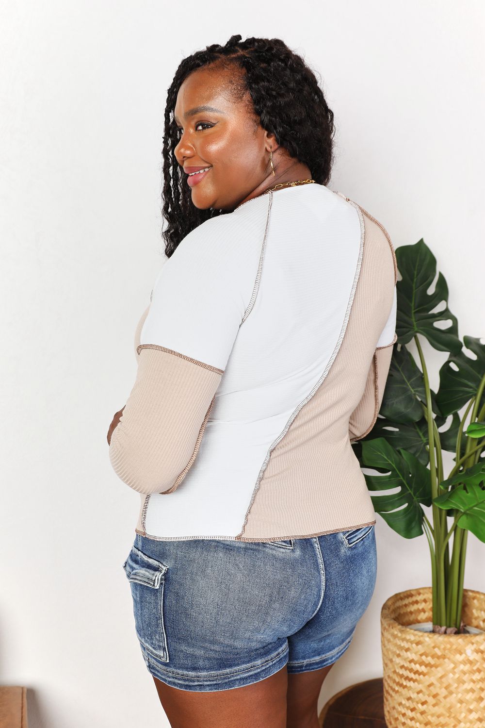Double Take Color Block Exposed Seam Top - Whateversit