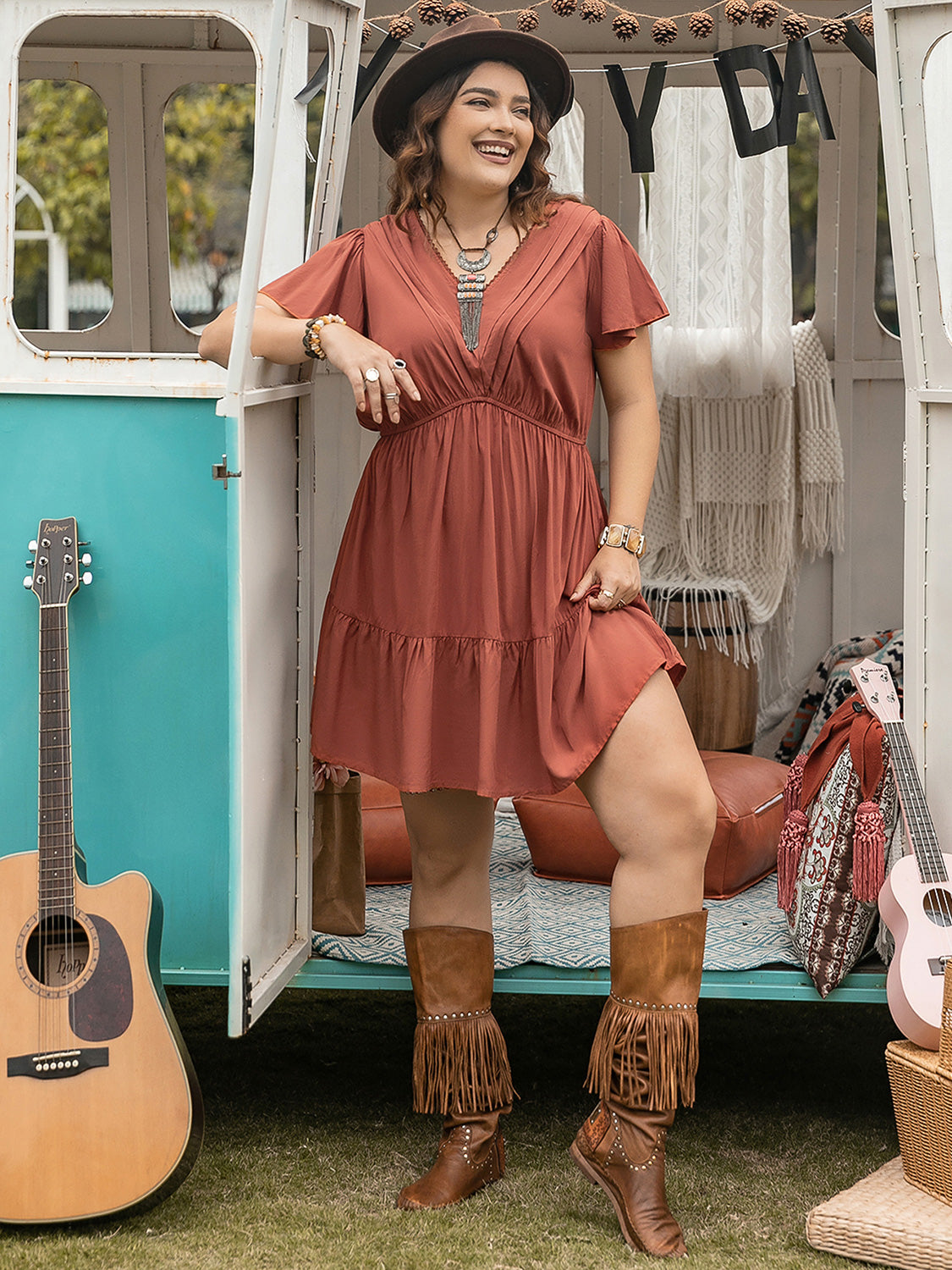 Double Take Plus Size Ruffle Hem V-Neck Short Sleeve Dress - Whateversit