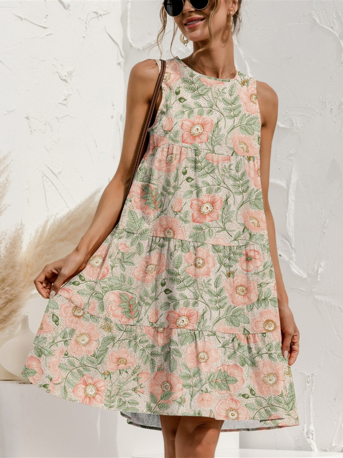 Tiered Printed Round Neck Sleeveless Dress - Whateversit
