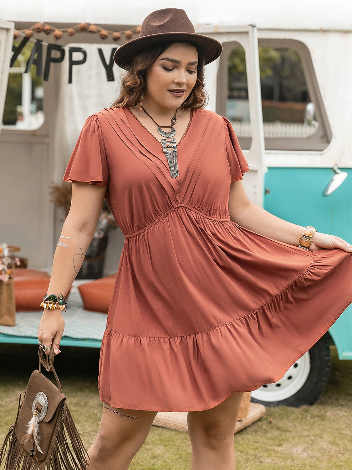 Double Take Plus Size Ruffle Hem V-Neck Short Sleeve Dress - Whateversit
