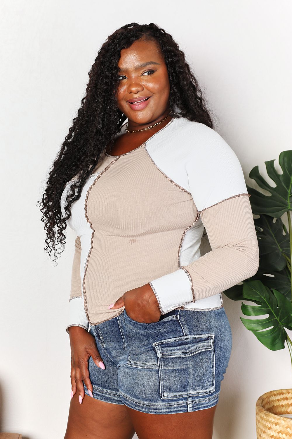 Double Take Color Block Exposed Seam Top - Whateversit