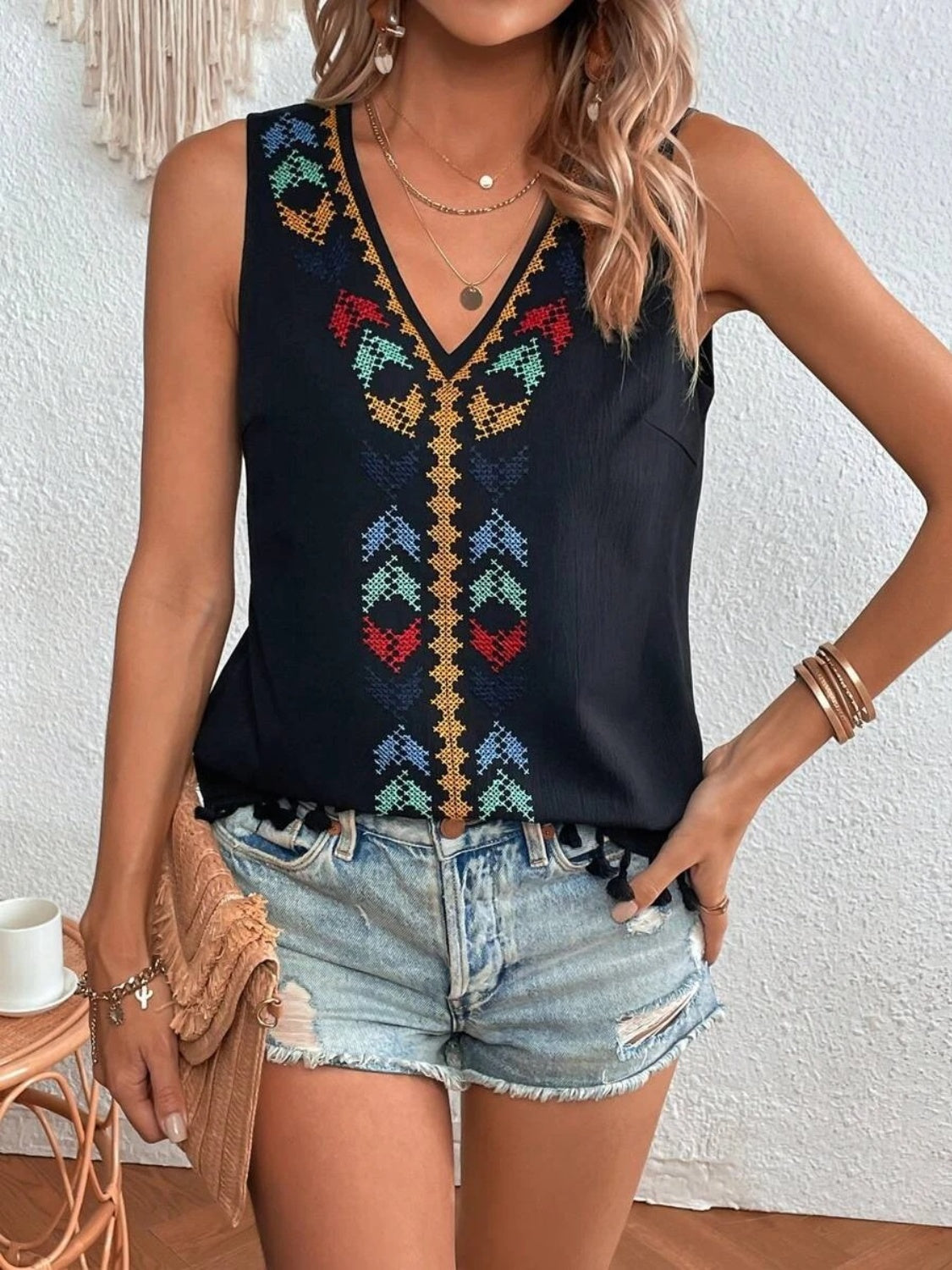 Tassel Printed V-Neck Tank - Whateversit