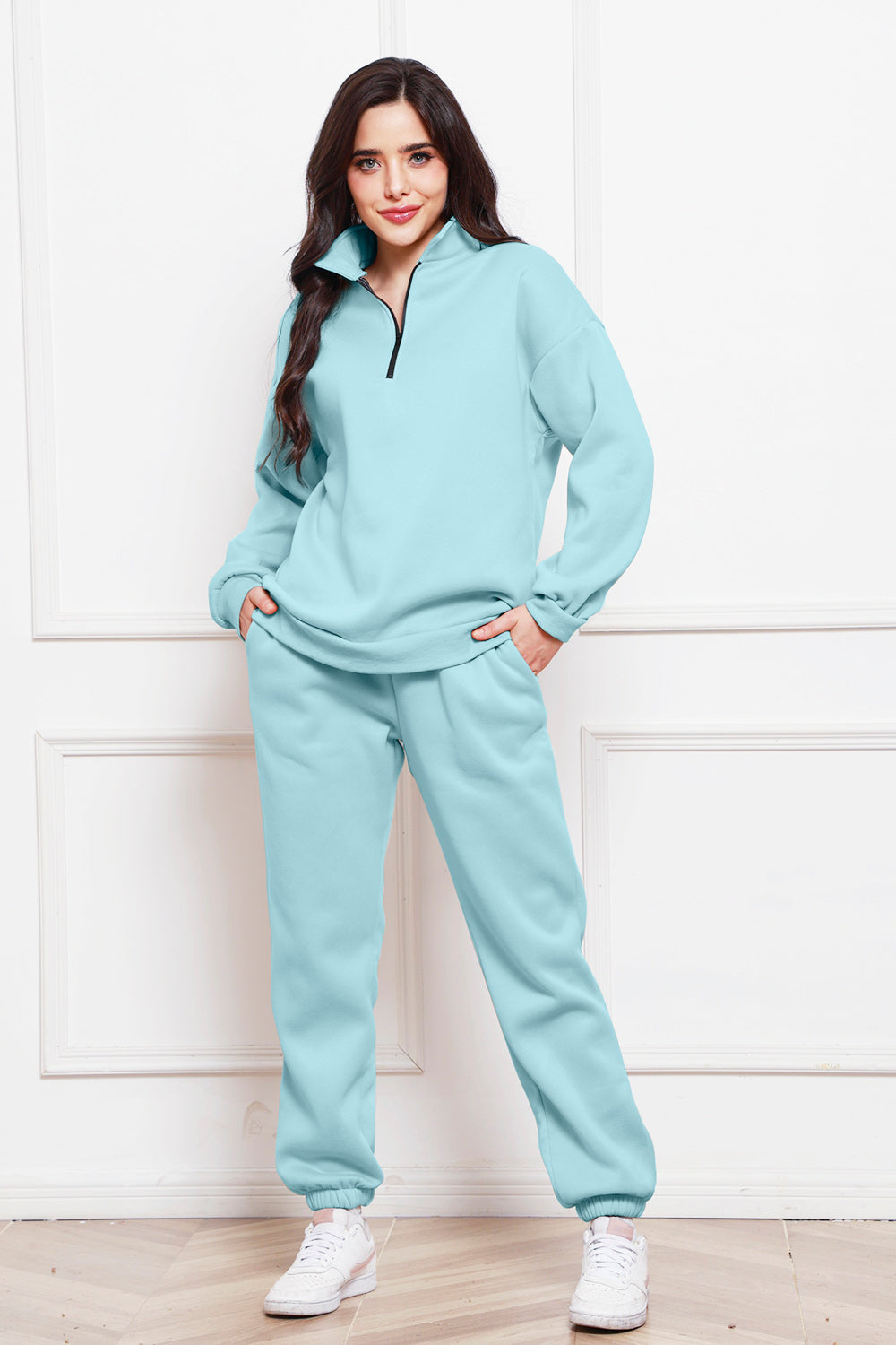 Half Zip Long Sleeve Sweatshirt and Pants Set - Whateversit
