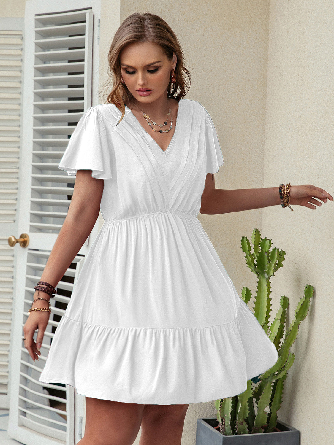 Double Take Plus Size Ruffle Hem V-Neck Short Sleeve Dress - Whateversit