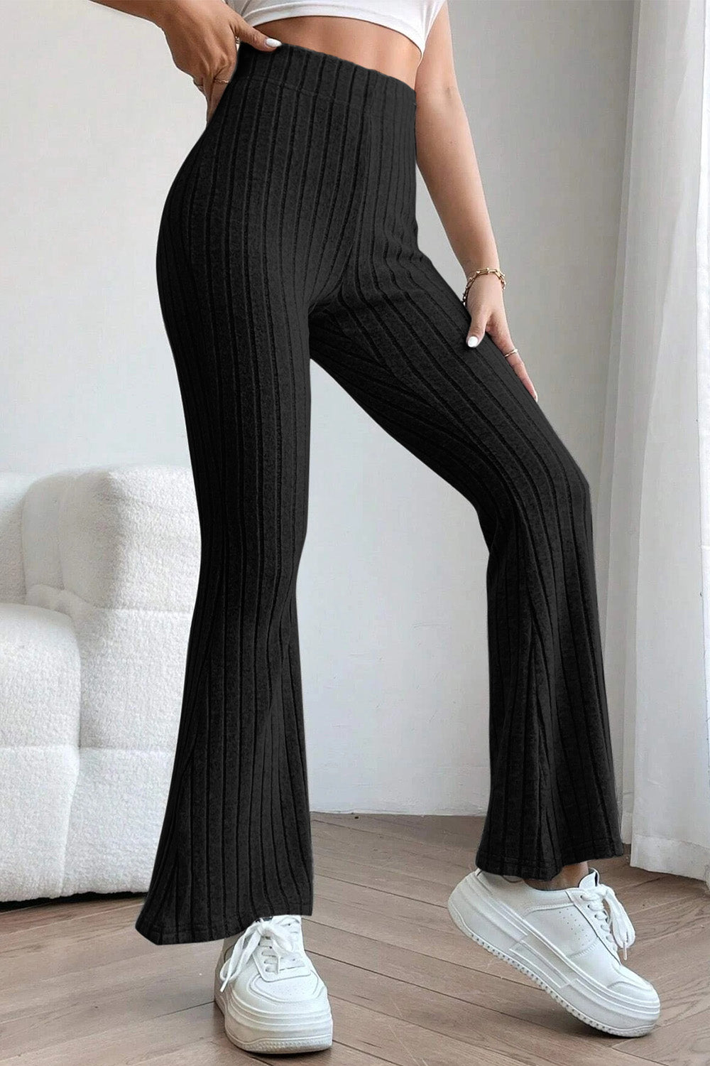 Basic Bae Full Size Ribbed High Waist Flare Pants - Whateversit