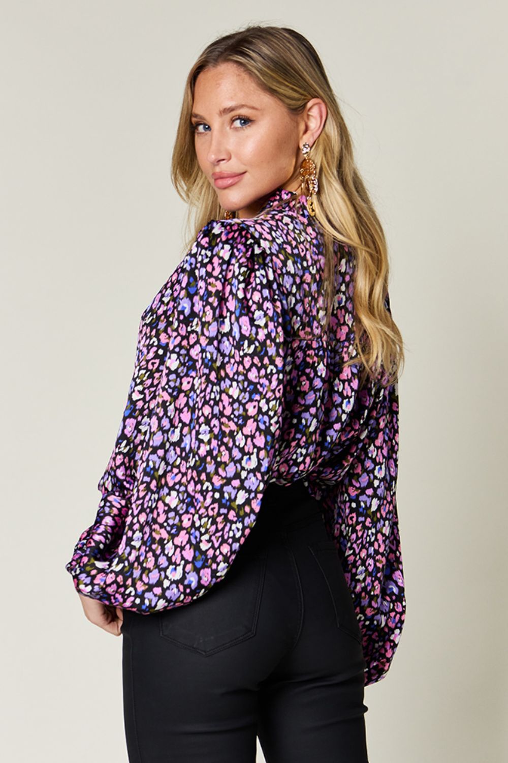 Double Take Full Size Printed Long Sleeve Blouse - Whateversit
