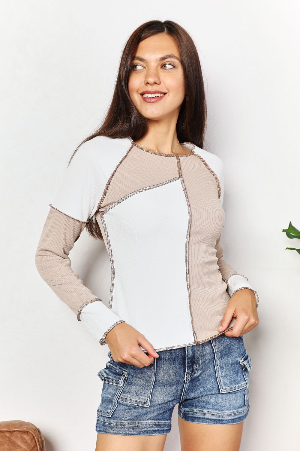 Double Take Color Block Exposed Seam Top - Whateversit